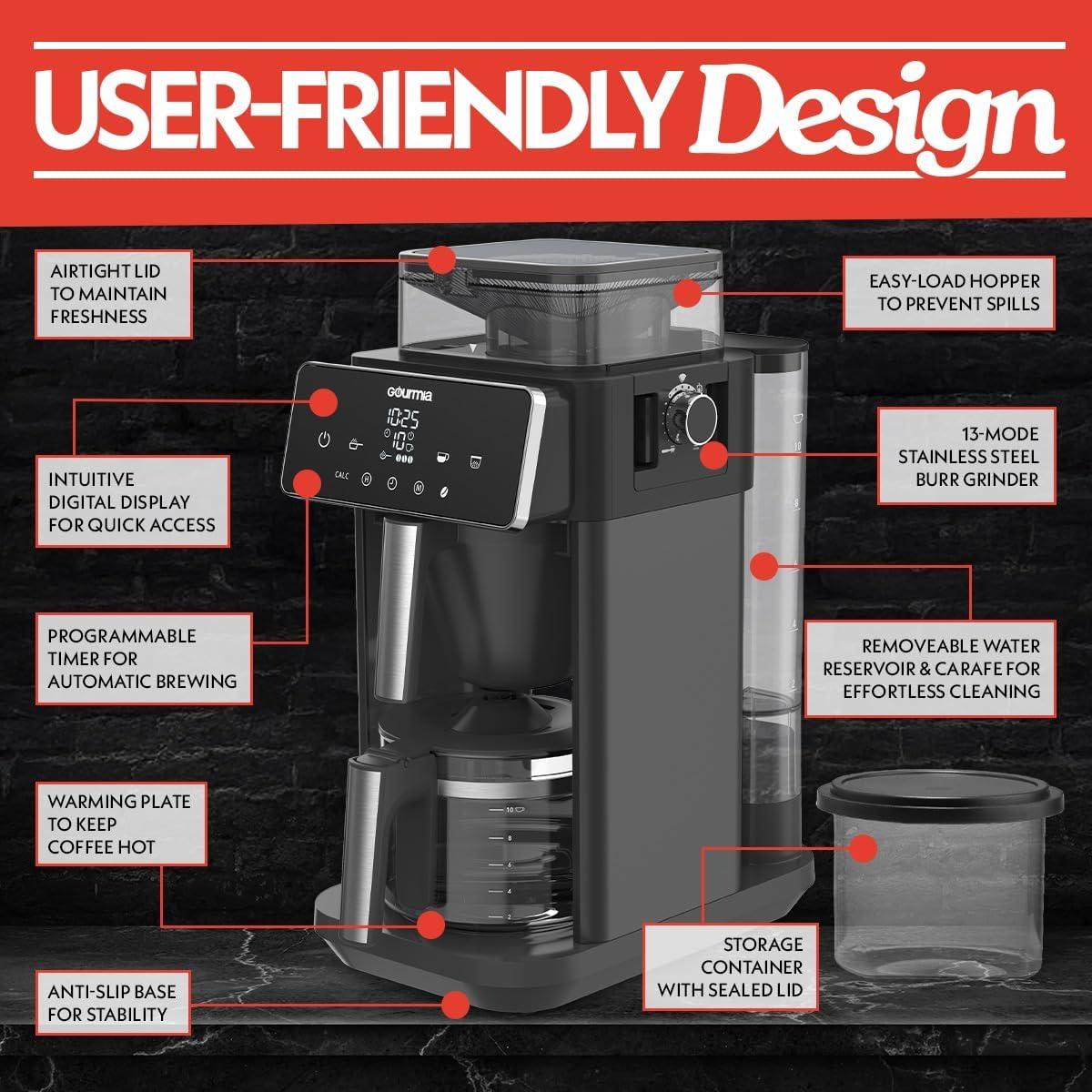 image:imageGourmia 10 Cup Grind amp Brew Coffee Maker BuiltIn Burr Grinder 3 Brew Strengths Programmable Digital Display Pause amp Serve Keep Warm Auto Shut Off Black