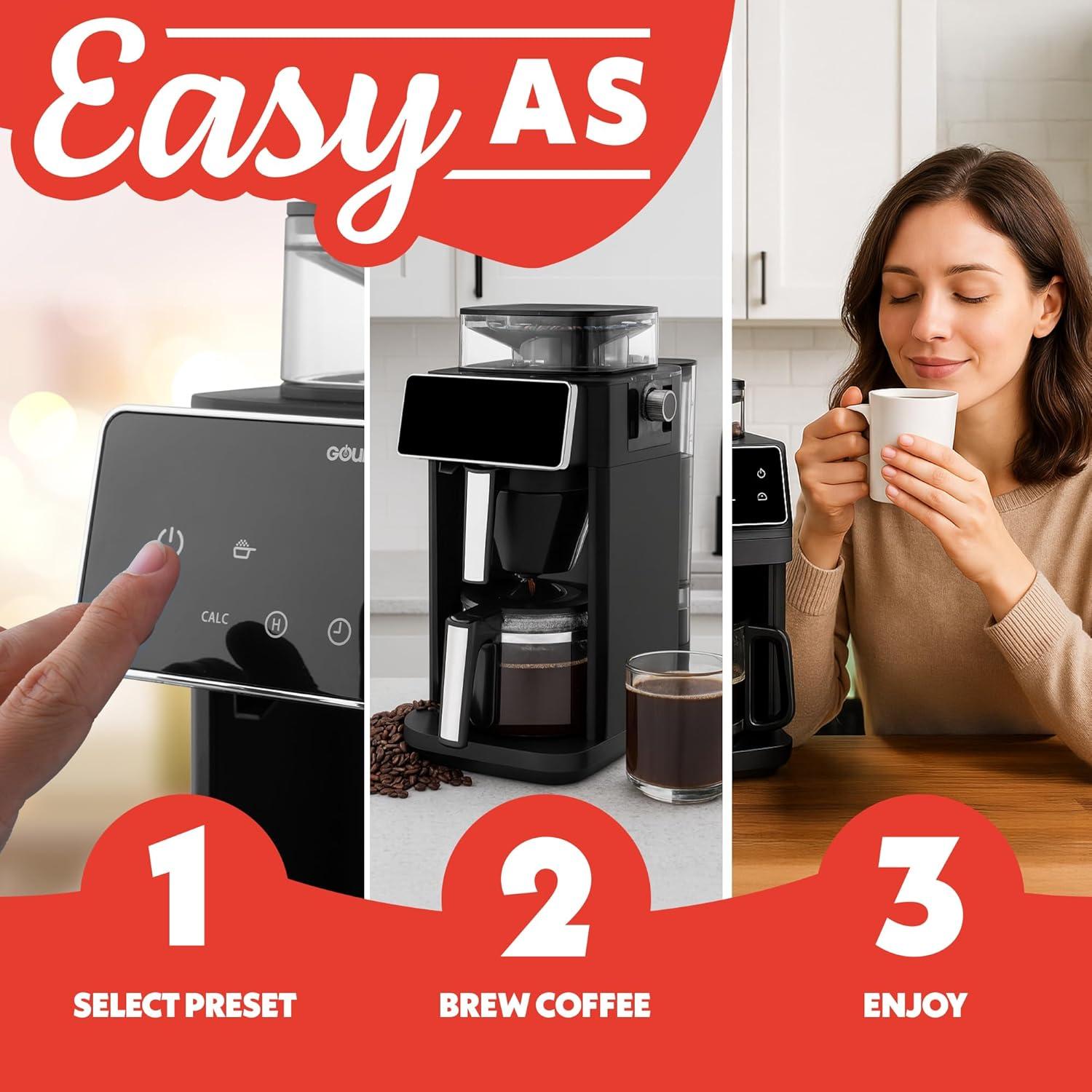 image:imageGourmia 10 Cup Grind amp Brew Coffee Maker BuiltIn Burr Grinder 3 Brew Strengths Programmable Digital Display Pause amp Serve Keep Warm Auto Shut Off Black