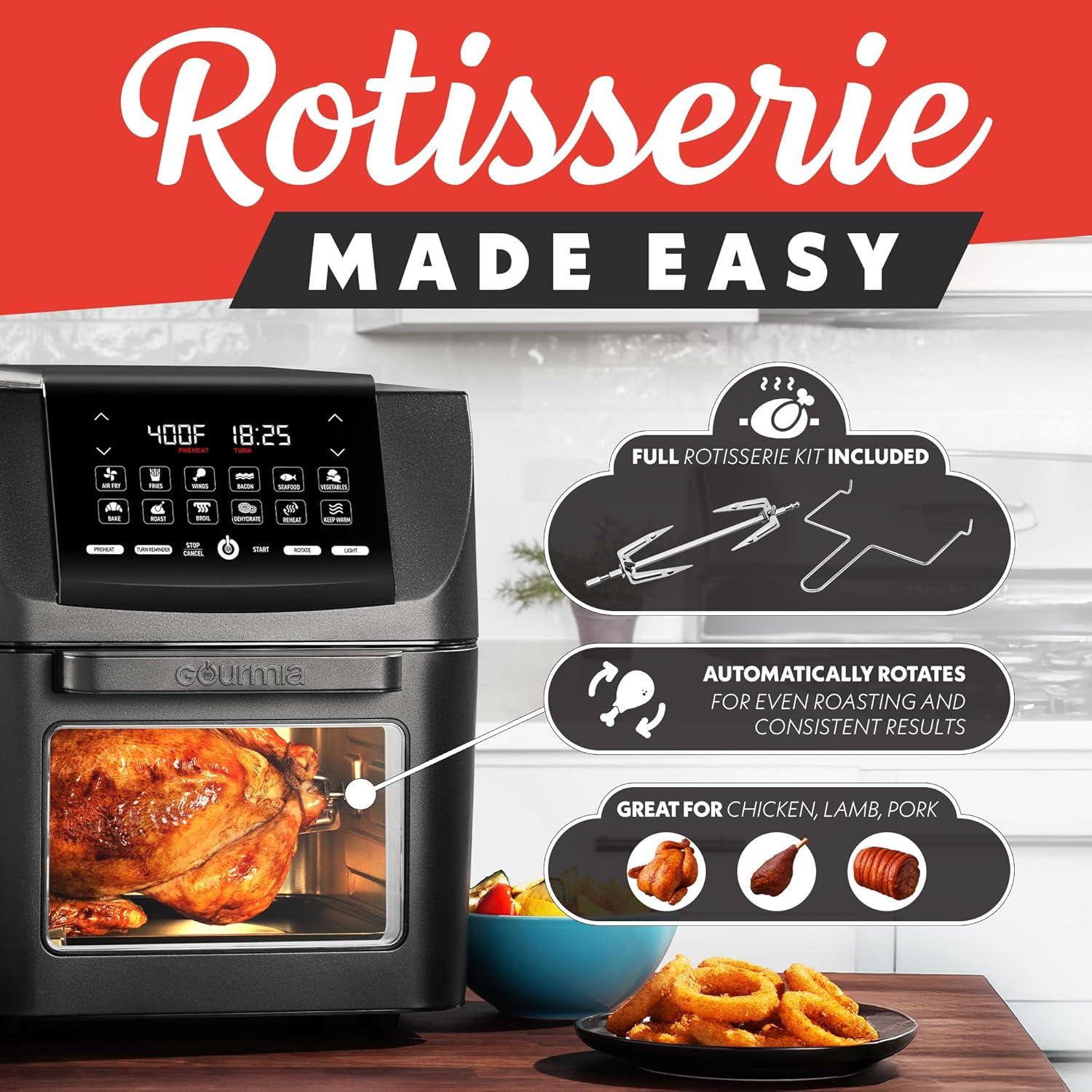 image:imageGourmia Air Fryer 14 Qt AllinOne Oven with Rotisserie Digital Display with 12 Presets Roast Bake Broil Dehydrate Dishwasher Safe Accessories Black