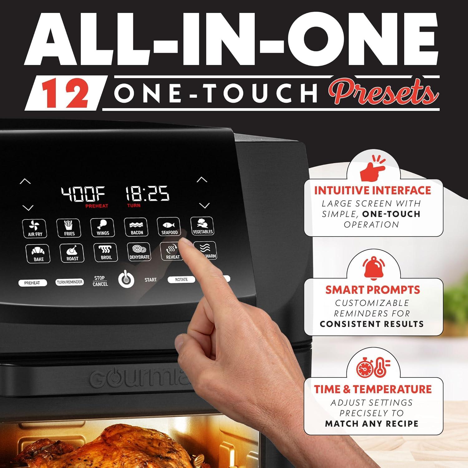 image:imageGourmia Air Fryer 14 Qt AllinOne Oven with Rotisserie Digital Display with 12 Presets Roast Bake Broil Dehydrate Dishwasher Safe Accessories Black