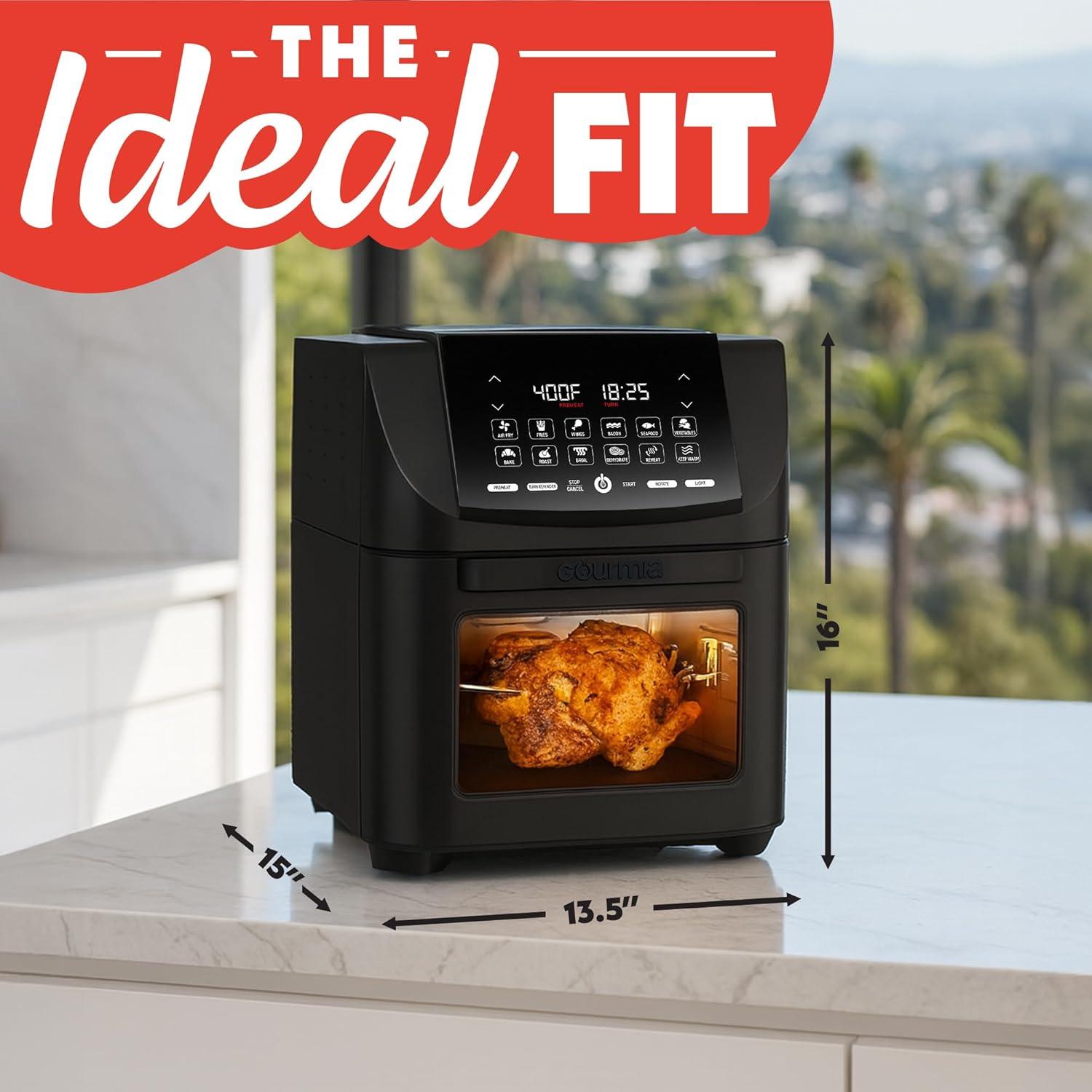 image:imageGourmia Air Fryer 14 Qt AllinOne Oven with Rotisserie Digital Display with 12 Presets Roast Bake Broil Dehydrate Dishwasher Safe Accessories Black
