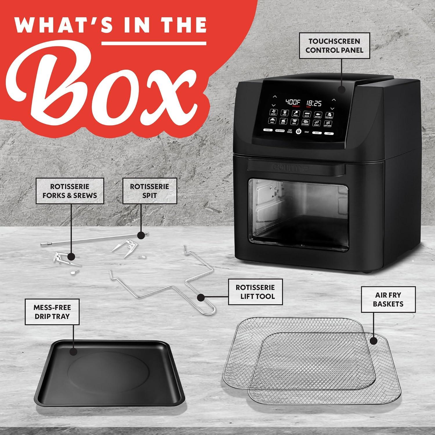 image:imageGourmia Air Fryer 14 Qt AllinOne Oven with Rotisserie Digital Display with 12 Presets Roast Bake Broil Dehydrate Dishwasher Safe Accessories Black