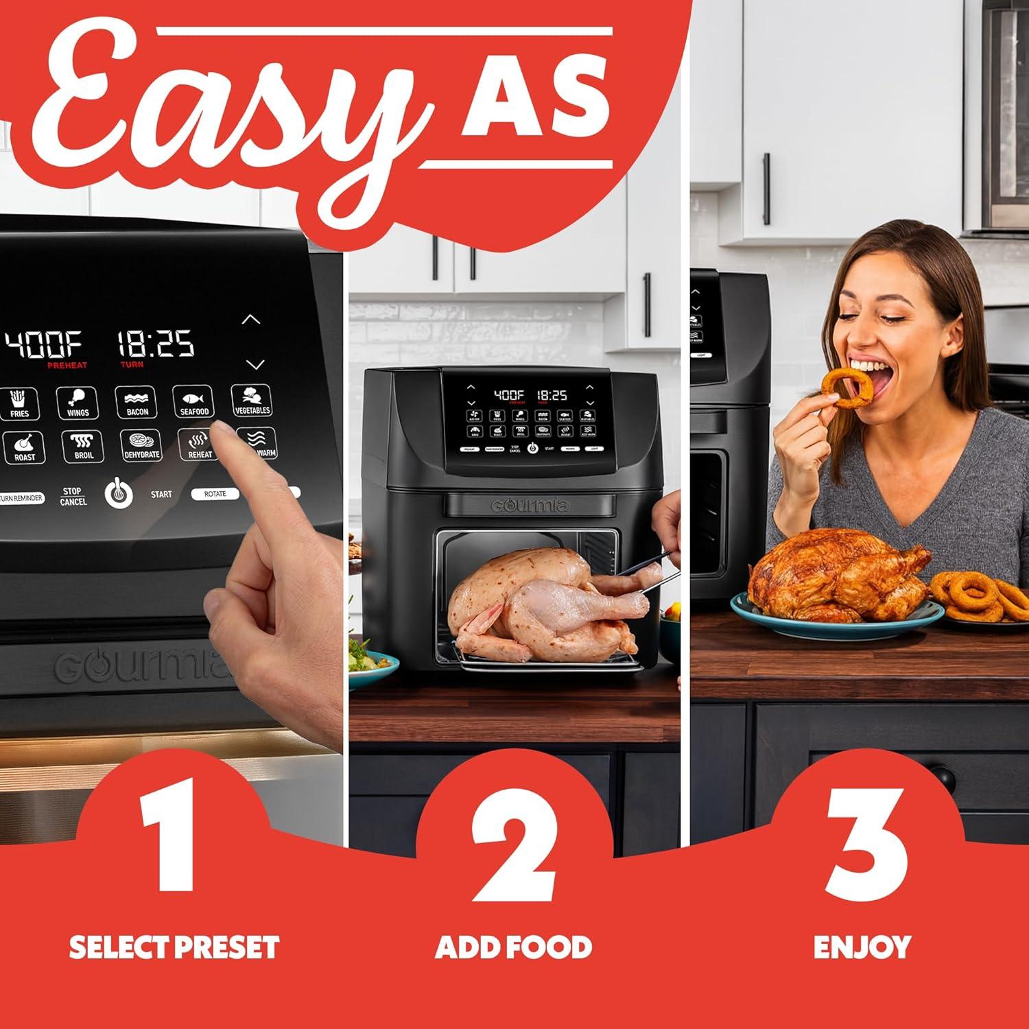 image:imageGourmia Air Fryer 14 Qt AllinOne Oven with Rotisserie Digital Display with 12 Presets Roast Bake Broil Dehydrate Dishwasher Safe Accessories Black