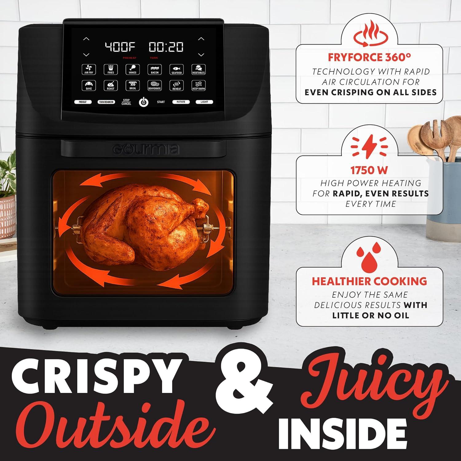 image:imageGourmia Air Fryer 14 Qt AllinOne Oven with Rotisserie Digital Display with 12 Presets Roast Bake Broil Dehydrate Dishwasher Safe Accessories Black