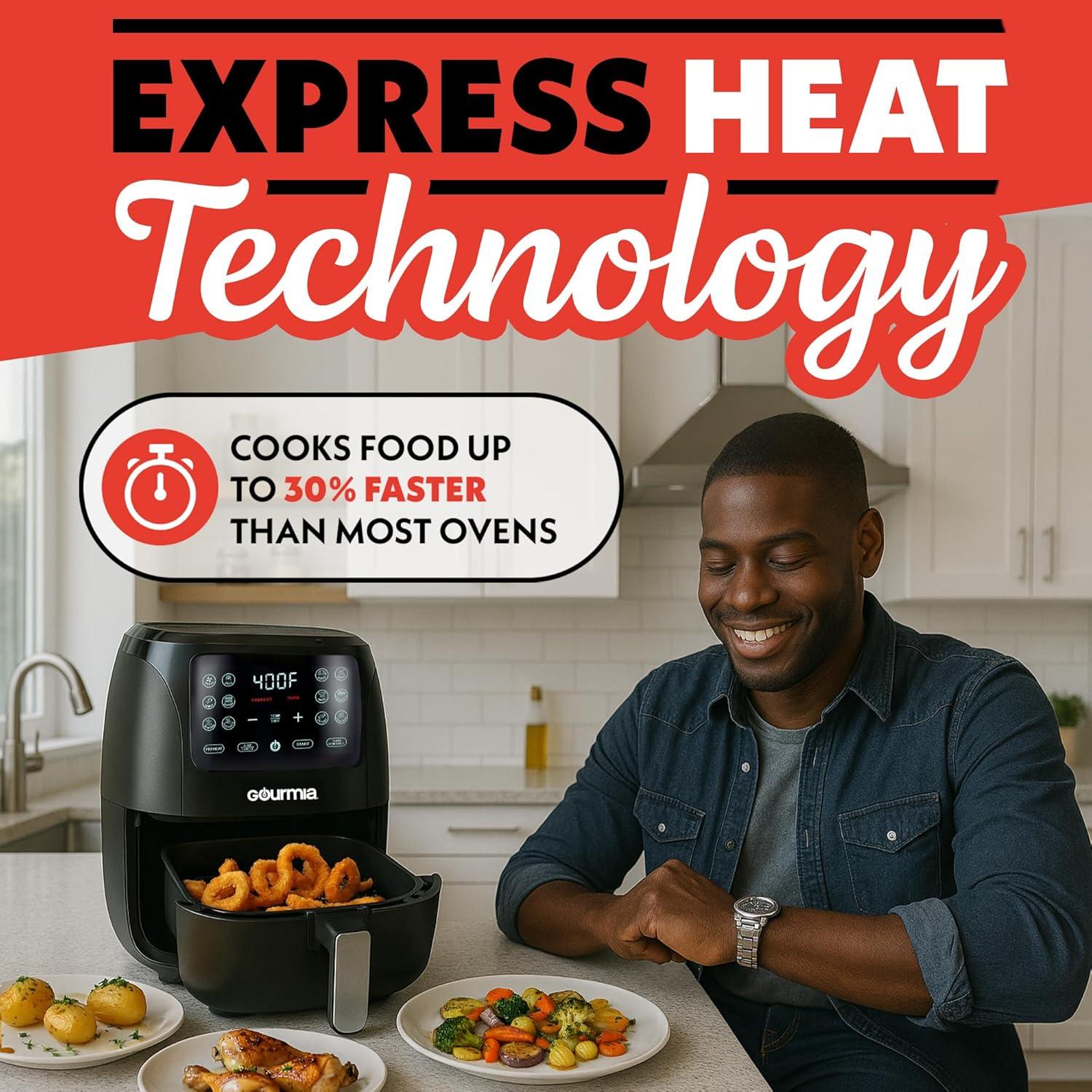 image:imageGourmia Air Fryer 6 Qt Large Capacity FryForce 360 Digital Display with 12 Presets Roast Bake Broil Dehydrate Dishwasher Safe Accessories BlackBlack