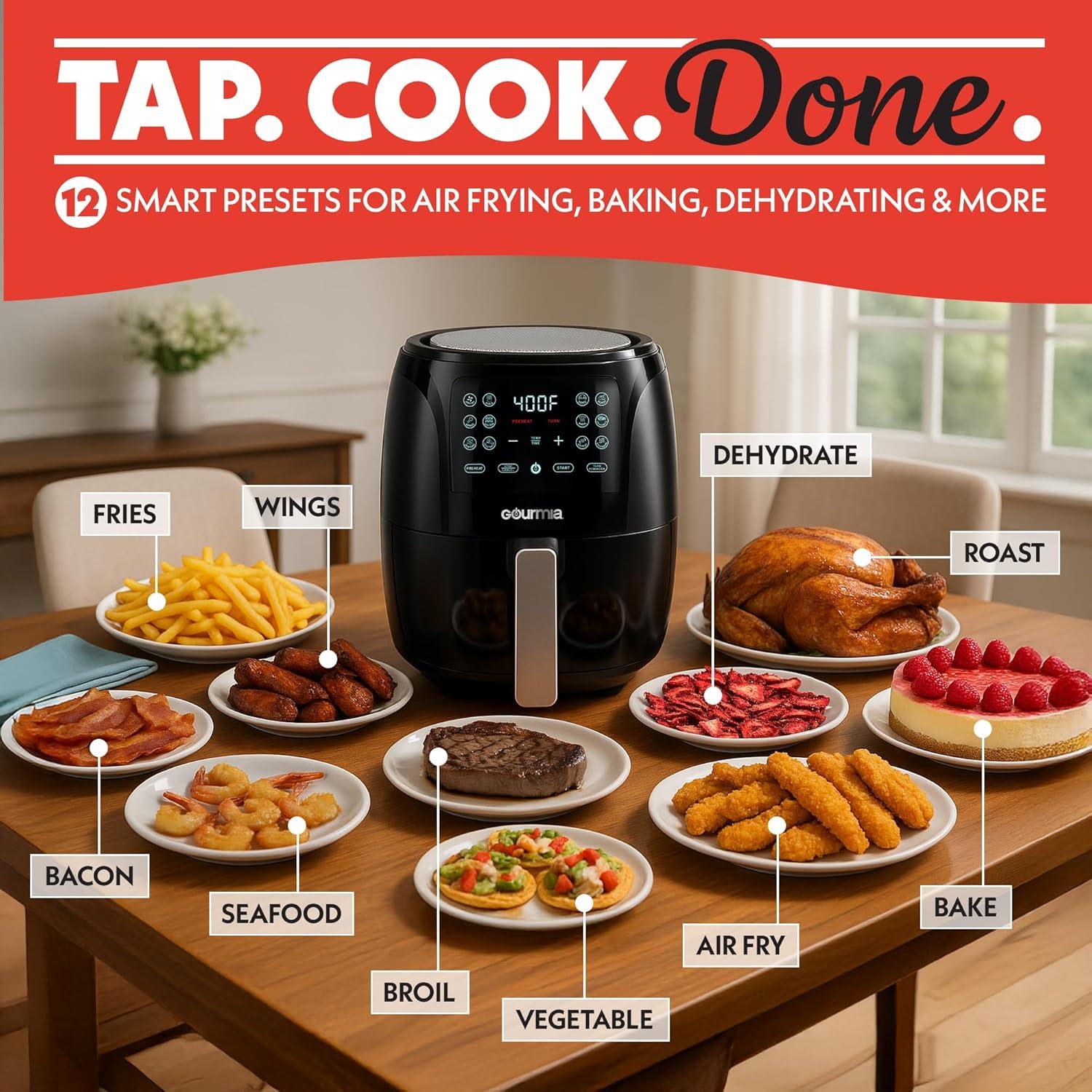 image:imageGourmia Air Fryer 6 Qt Large Capacity FryForce 360 Digital Display with 12 Presets Roast Bake Broil Dehydrate Dishwasher Safe Accessories BlackBlack