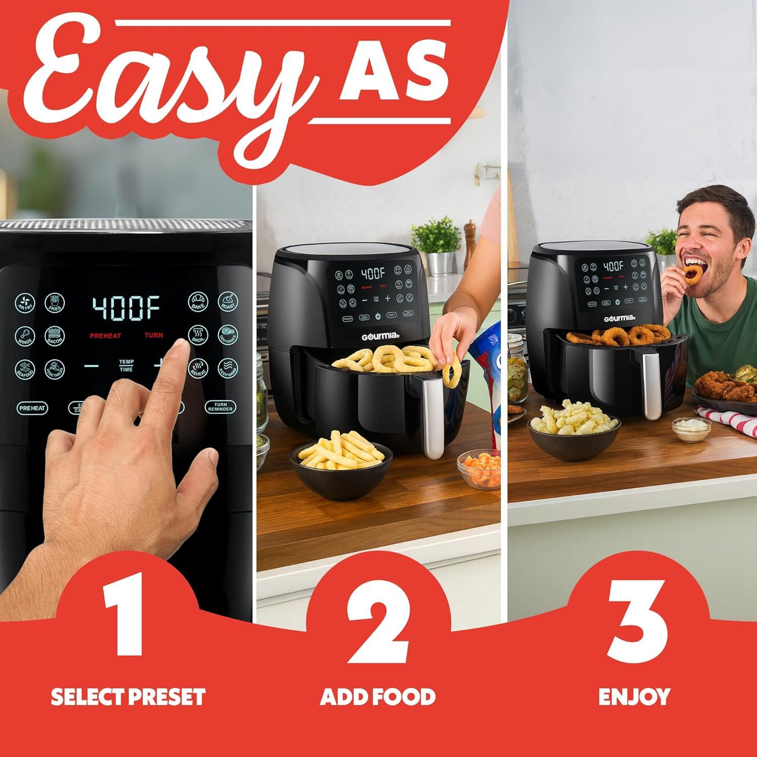 image:imageGourmia Air Fryer 6 Qt Large Capacity FryForce 360 Digital Display with 12 Presets Roast Bake Broil Dehydrate Dishwasher Safe Accessories BlackBlack