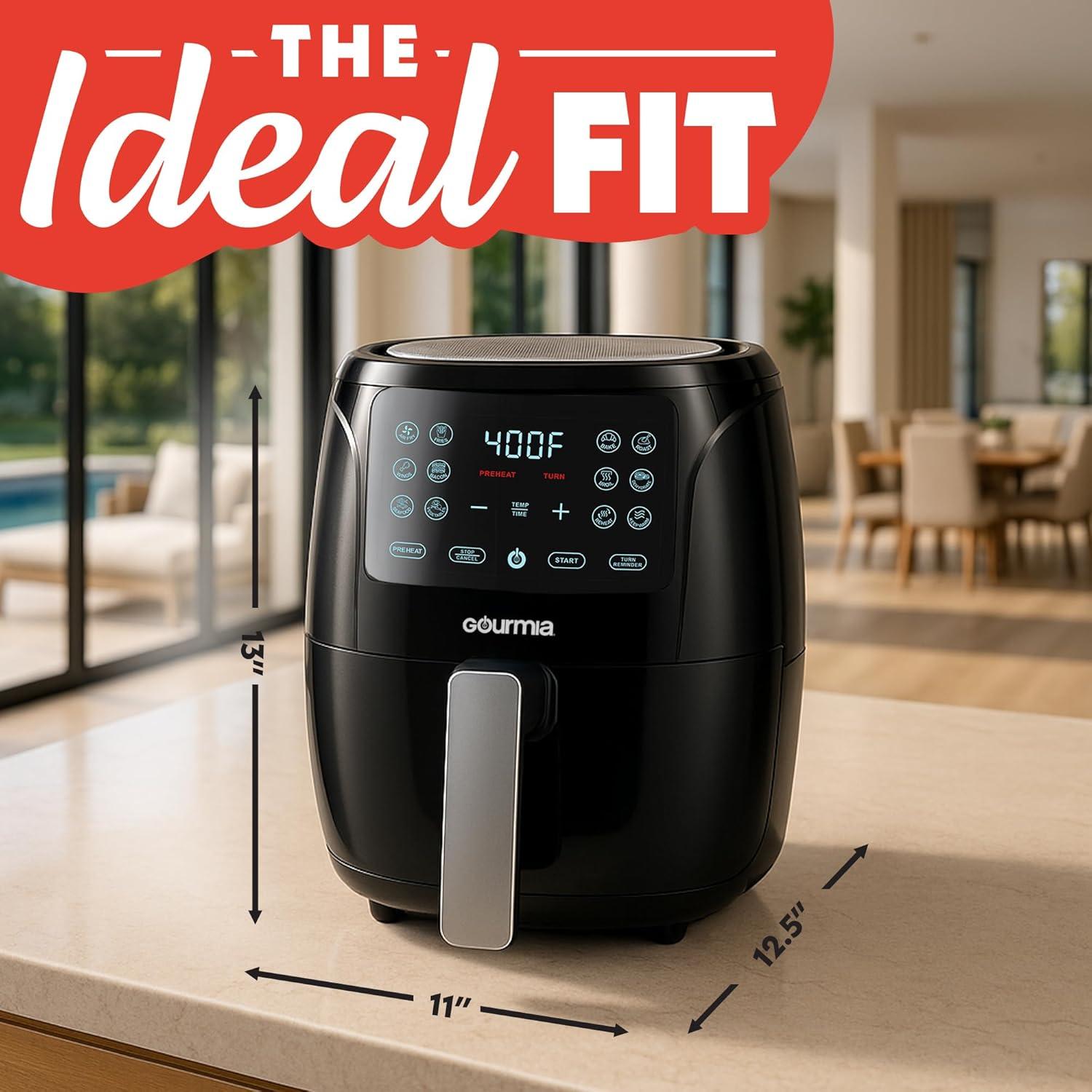 image:imageGourmia Air Fryer 6 Qt Large Capacity FryForce 360 Digital Display with 12 Presets Roast Bake Broil Dehydrate Dishwasher Safe Accessories BlackBlack