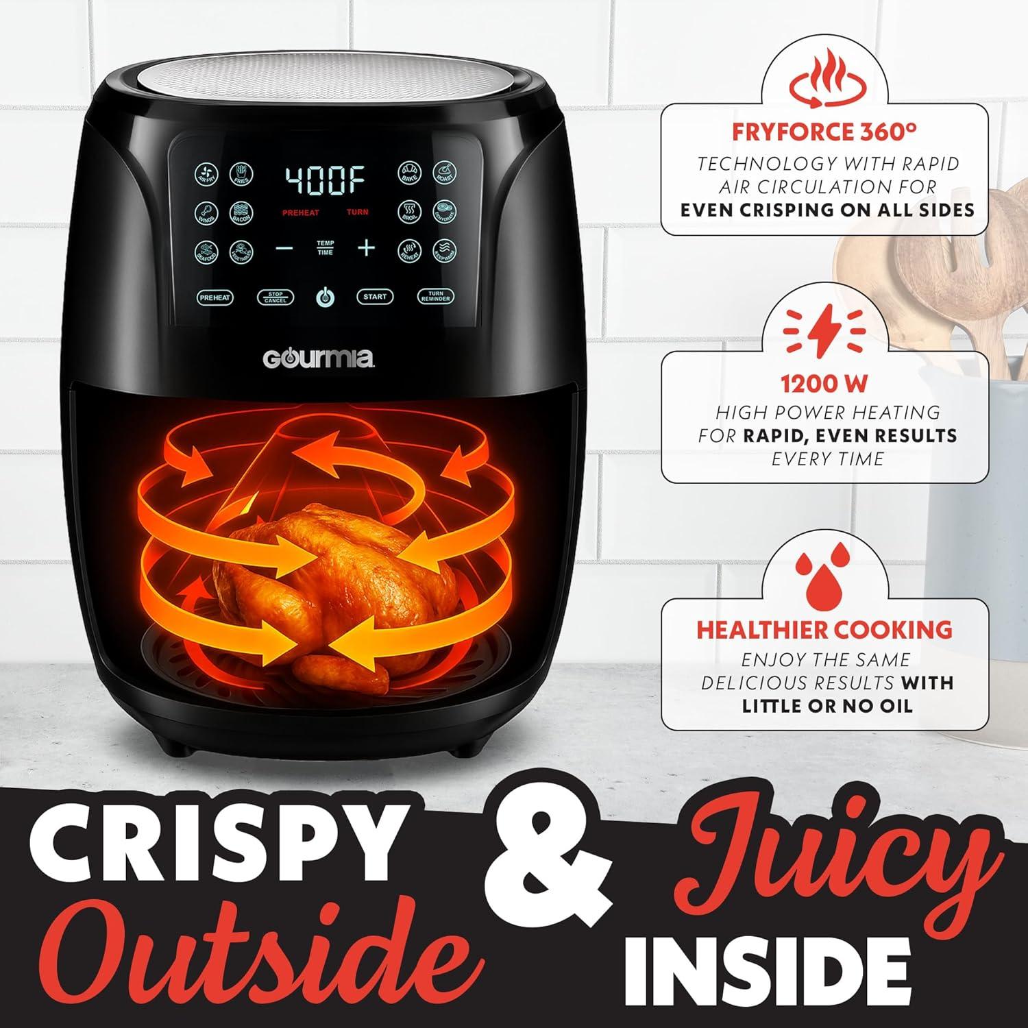 image:imageGourmia Air Fryer 6 Qt Large Capacity FryForce 360 Digital Display with 12 Presets Roast Bake Broil Dehydrate Dishwasher Safe Accessories BlackBlack