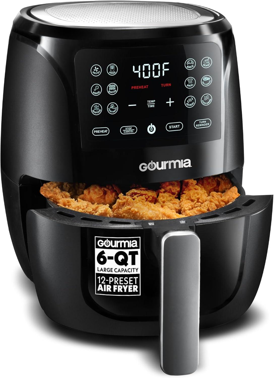 image:imageGourmia Air Fryer 6 Qt Large Capacity FryForce 360 Digital Display with 12 Presets Roast Bake Broil Dehydrate Dishwasher Safe Accessories BlackBlack