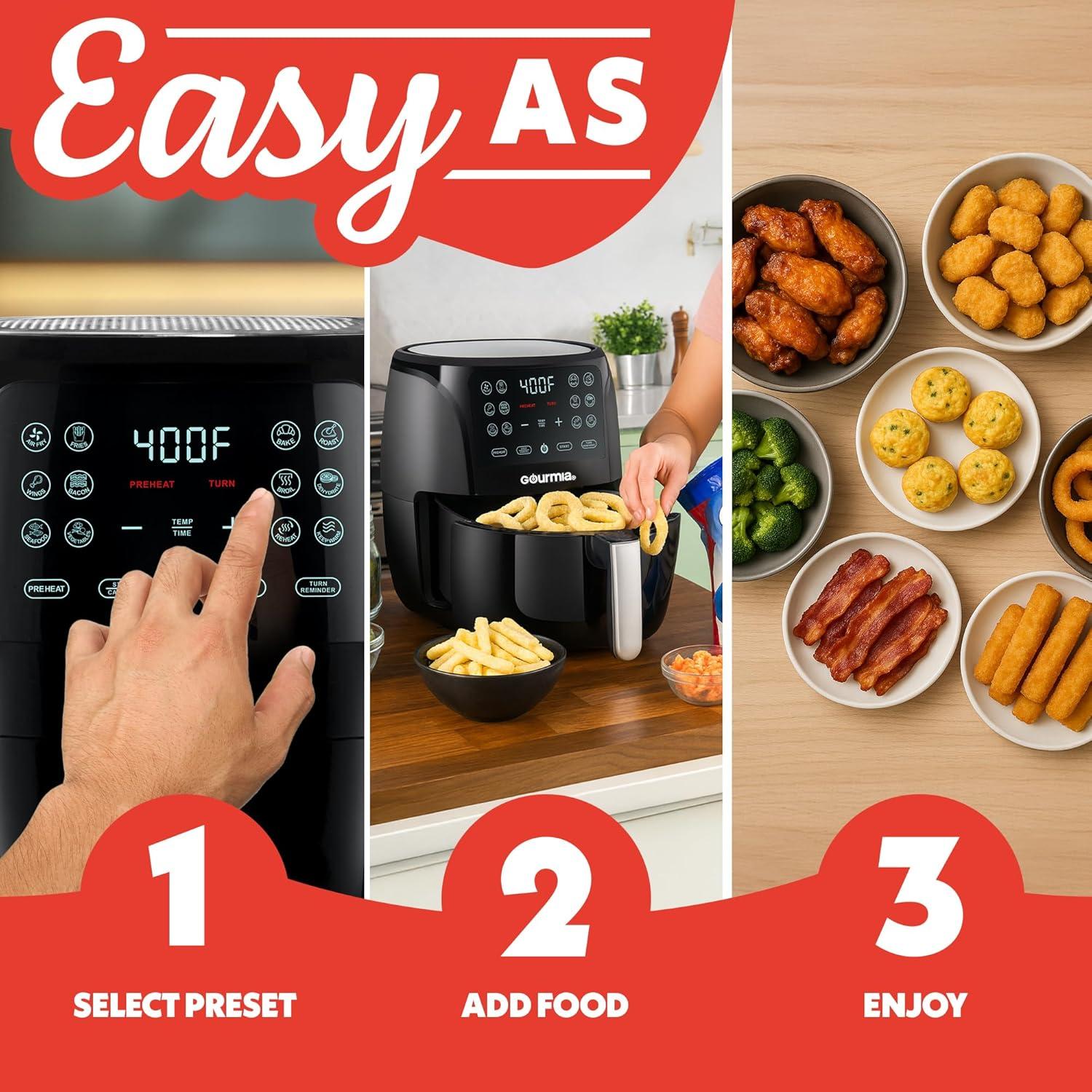 image:imageGourmia Air Fryer 6 Qt Large Capacity FryForce 360 Digital Display with 12 Presets Roast Bake Broil Dehydrate Dishwasher Safe Accessories BlackBlack