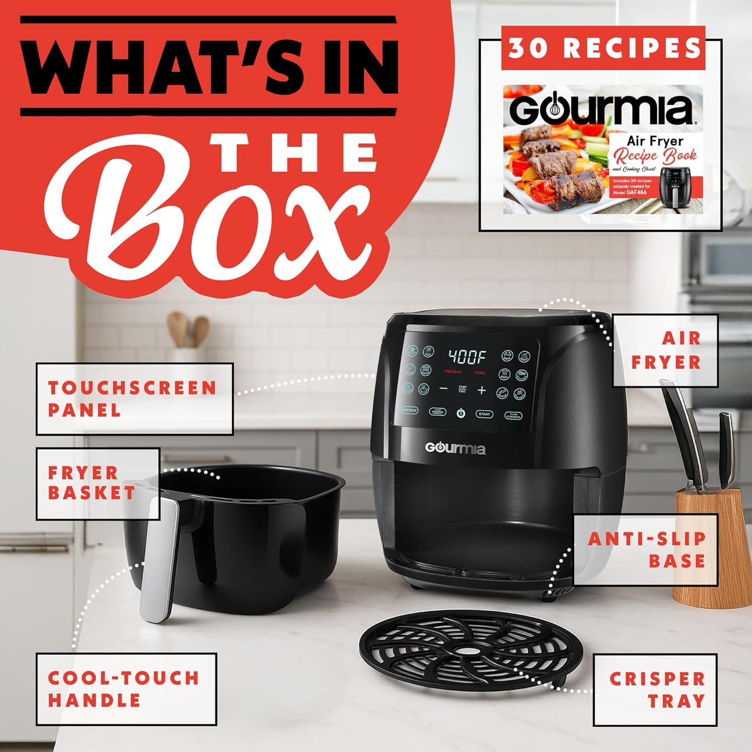 image:imageGourmia Air Fryer 6 Qt Large Capacity FryForce 360 Digital Display with 12 Presets Roast Bake Broil Dehydrate Dishwasher Safe Accessories BlackBlack
