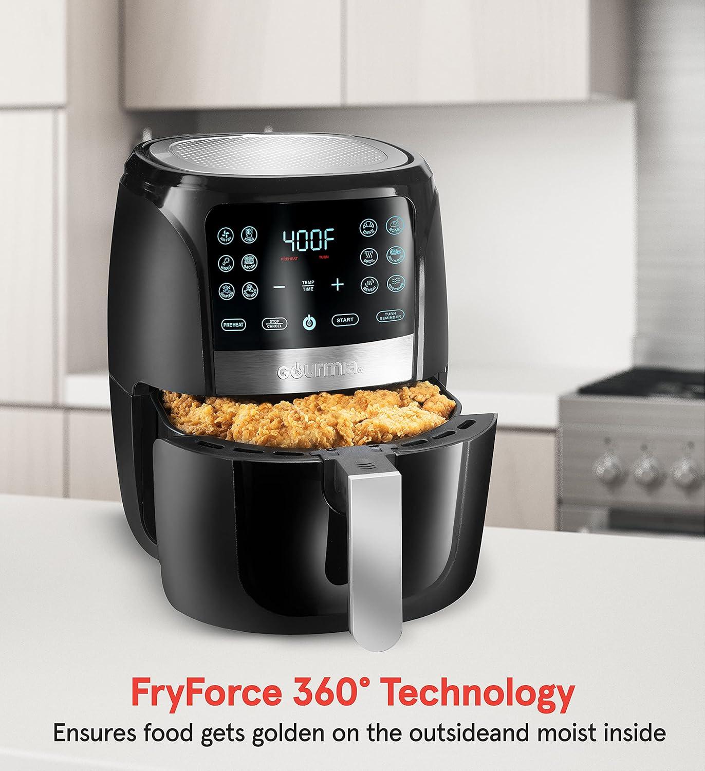 image:imageGourmia Air Fryer 6 Qt Large Capacity FryForce 360 Digital Display with 12 Presets Roast Bake Broil Dehydrate Dishwasher Safe Accessories BlackBlack