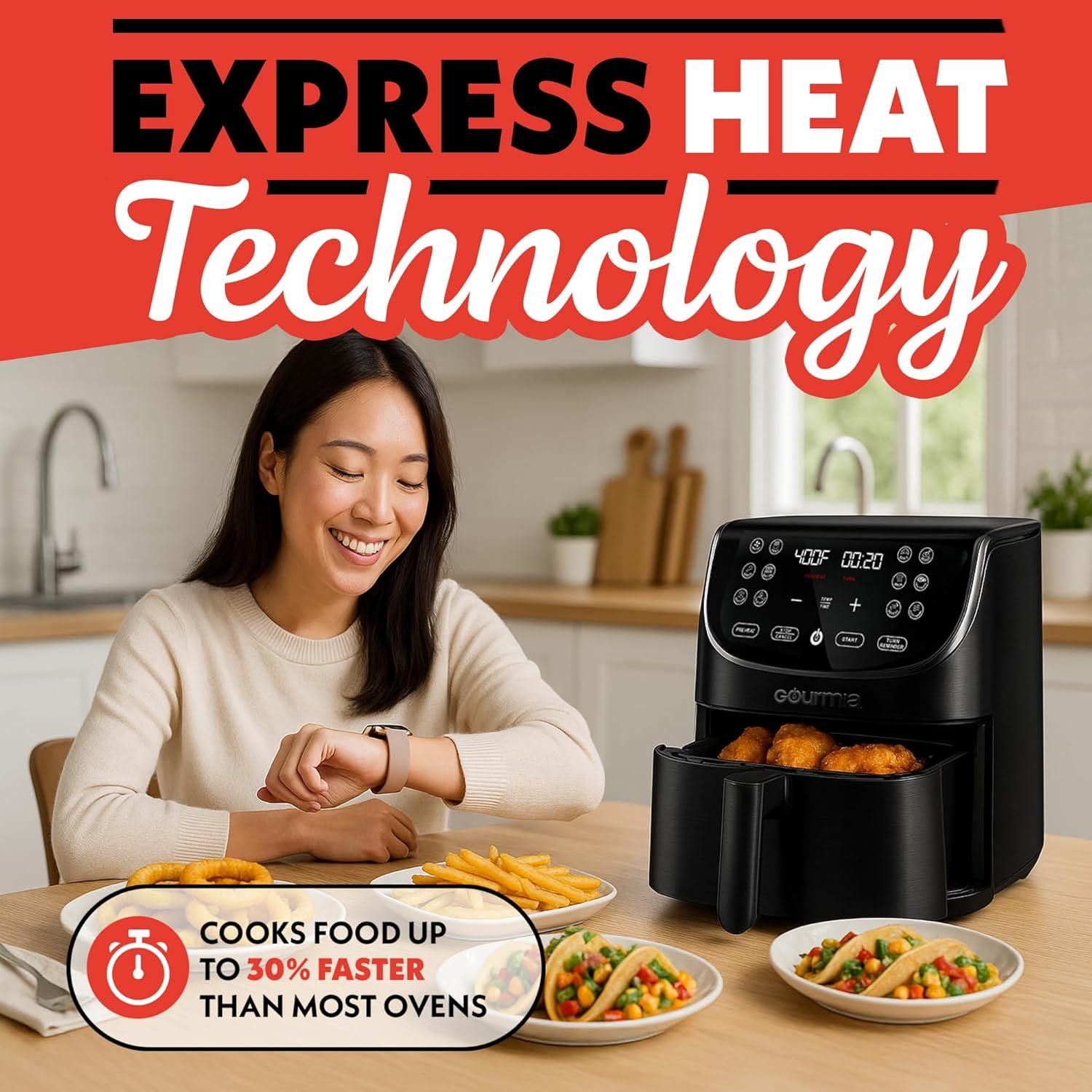 image:imageGourmia Air Fryer 7 Qt Large Capacity FryForce360 Digital Display with 10 Presets Roast Bake Broil Dehydrate Dishwasher Safe Accessories BlackBlack