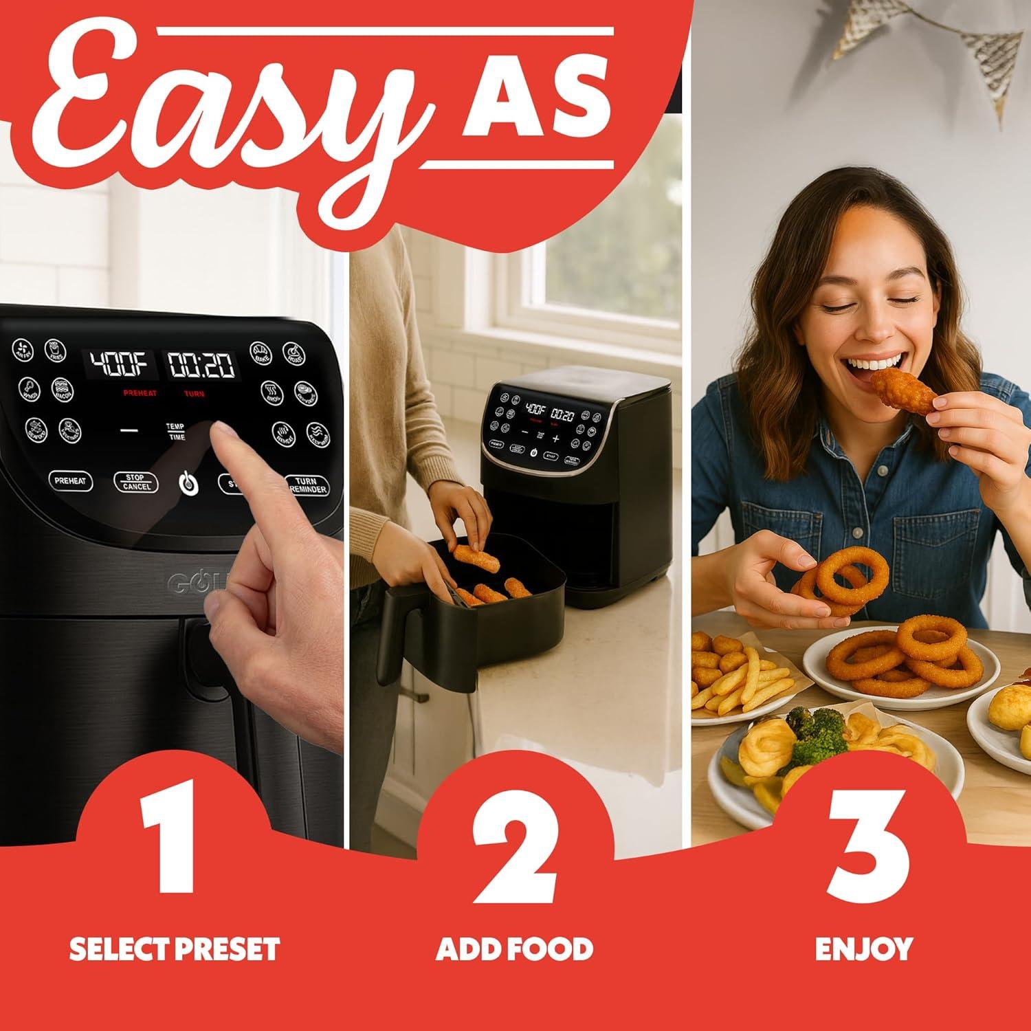 image:imageGourmia Air Fryer 7 Qt Large Capacity FryForce360 Digital Display with 10 Presets Roast Bake Broil Dehydrate Dishwasher Safe Accessories BlackBlack