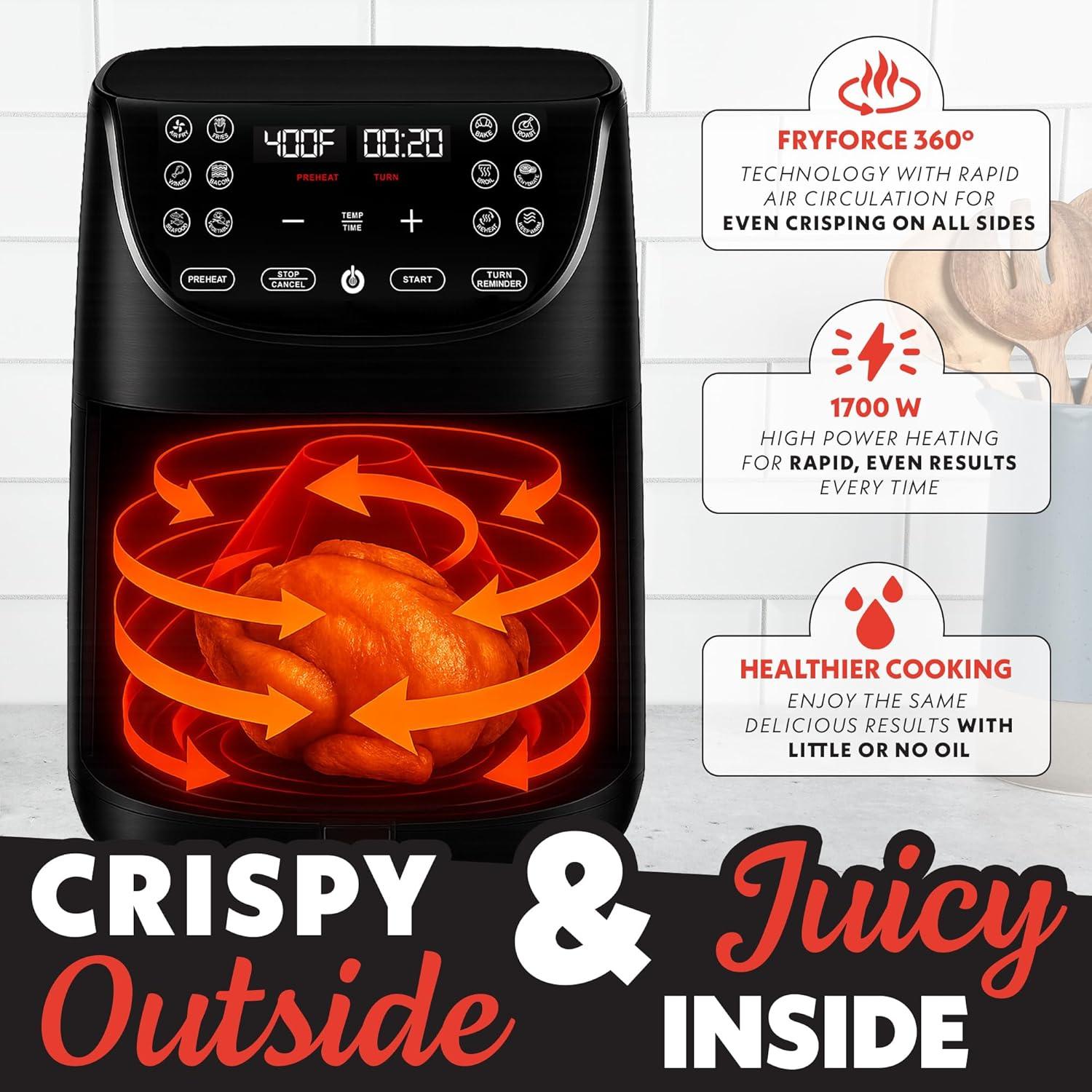 image:imageGourmia Air Fryer 7 Qt Large Capacity FryForce360 Digital Display with 10 Presets Roast Bake Broil Dehydrate Dishwasher Safe Accessories BlackBlack