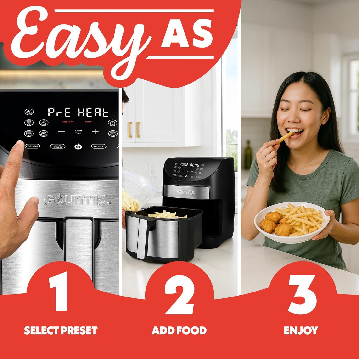image:imageGourmia Air Fryer 7 Qt Large Capacity FryForce360 Digital Display with 10 Presets Roast Bake Broil Dehydrate Dishwasher Safe Accessories BlackBlackStianless Steel