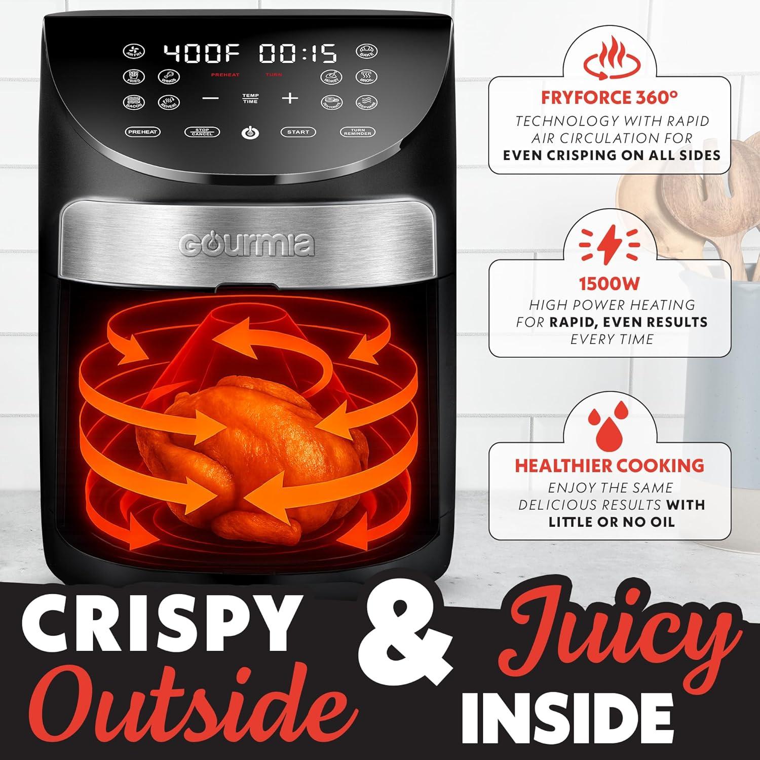 image:imageGourmia Air Fryer 7 Qt Large Capacity FryForce360 Digital Display with 10 Presets Roast Bake Broil Dehydrate Dishwasher Safe Accessories BlackBlackStianless Steel