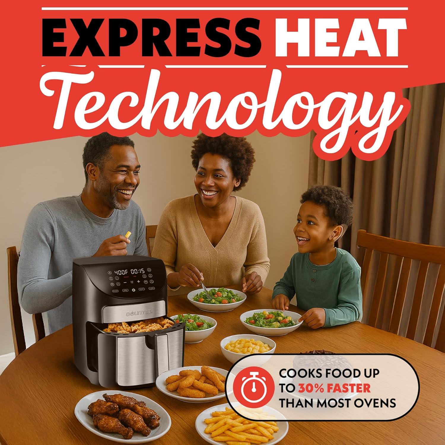 image:imageGourmia Air Fryer 7 Qt Large Capacity FryForce360 Digital Display with 10 Presets Roast Bake Broil Dehydrate Dishwasher Safe Accessories BlackBlackStianless Steel