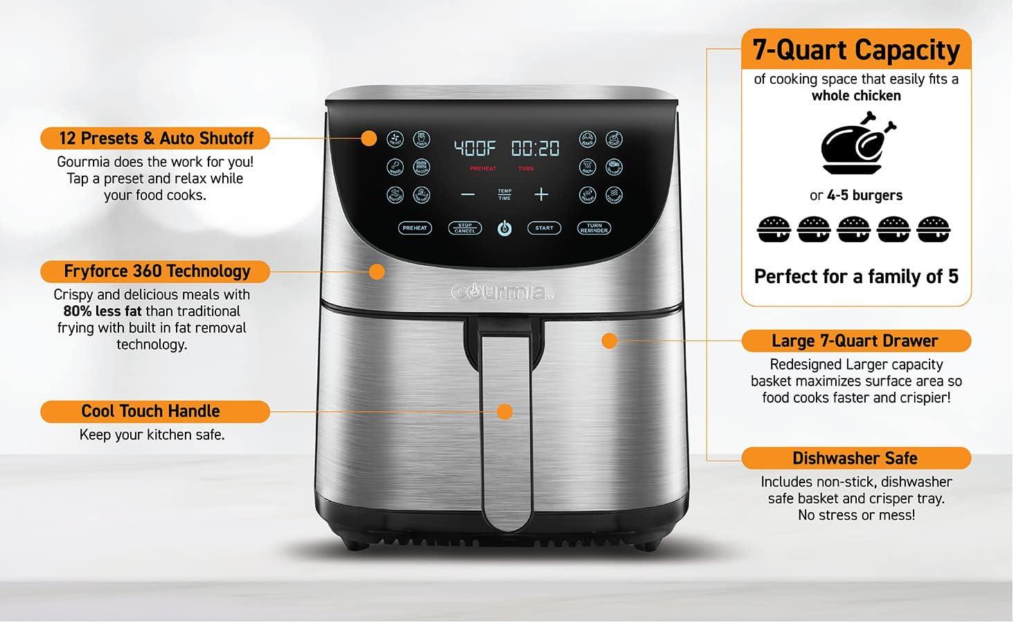 image:imageGourmia Air Fryer 7 Qt Large Capacity FryForce360 Digital Display with 10 Presets Roast Bake Broil Dehydrate Dishwasher Safe Accessories BlackSS 7 QT