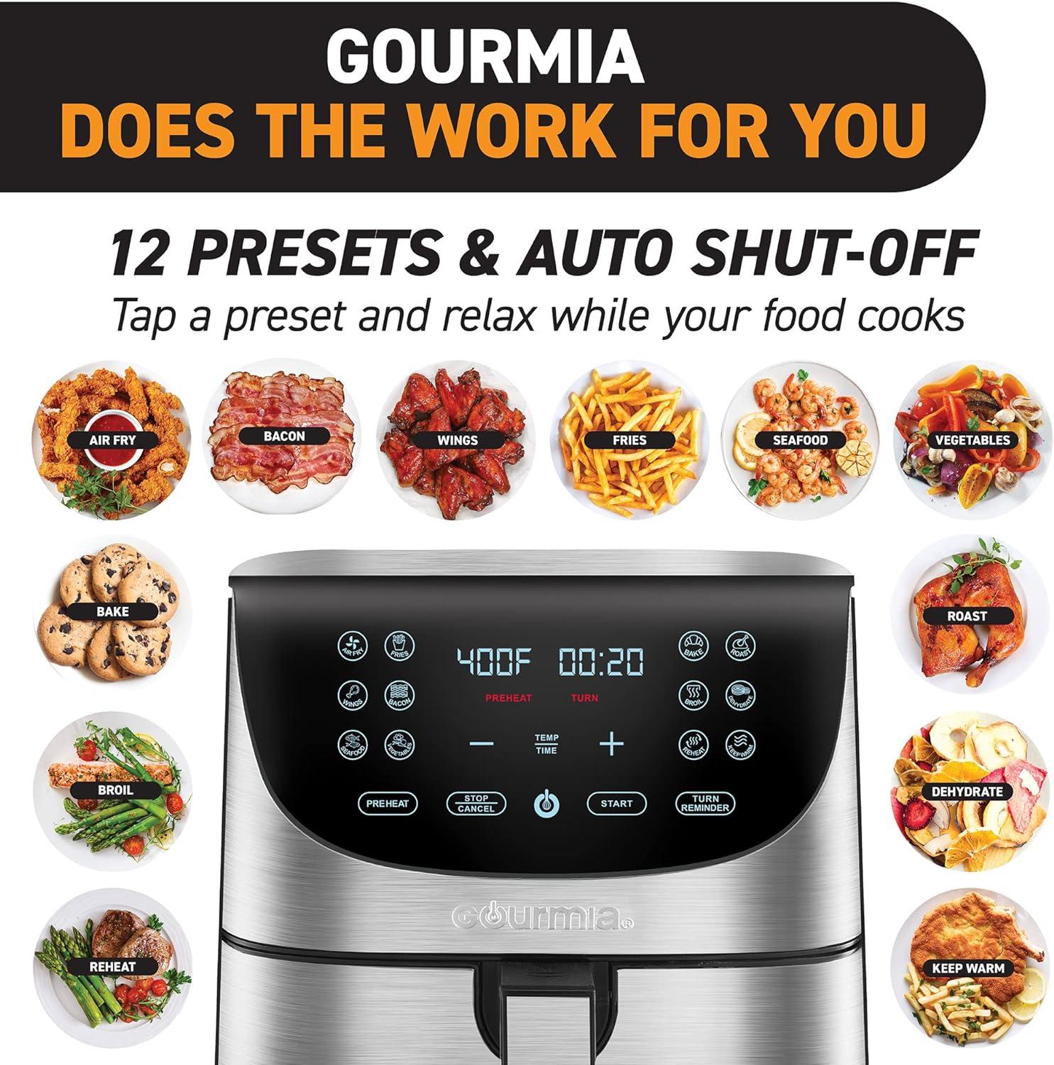 image:imageGourmia Air Fryer 7 Qt Large Capacity FryForce360 Digital Display with 10 Presets Roast Bake Broil Dehydrate Dishwasher Safe Accessories BlackSS 7 QT