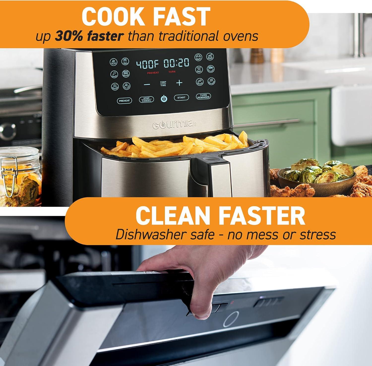 image:imageGourmia Air Fryer 7 Qt Large Capacity FryForce360 Digital Display with 10 Presets Roast Bake Broil Dehydrate Dishwasher Safe Accessories BlackStainless Steel Silver