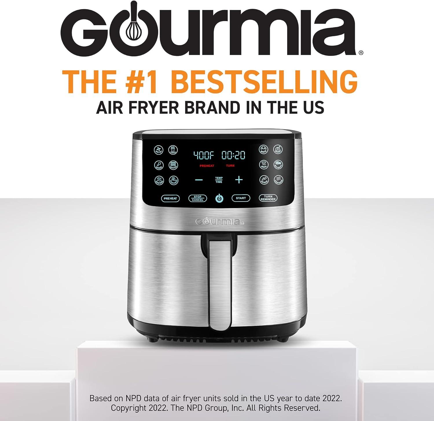 image:imageGourmia Air Fryer 7 Qt Large Capacity FryForce360 Digital Display with 10 Presets Roast Bake Broil Dehydrate Dishwasher Safe Accessories BlackStainless Steel Silver