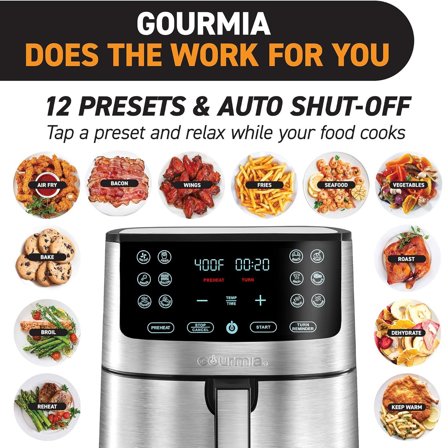 image:imageGourmia Air Fryer 7 Qt Large Capacity FryForce360 Digital Display with 10 Presets Roast Bake Broil Dehydrate Dishwasher Safe Accessories BlackStainless Steel Silver