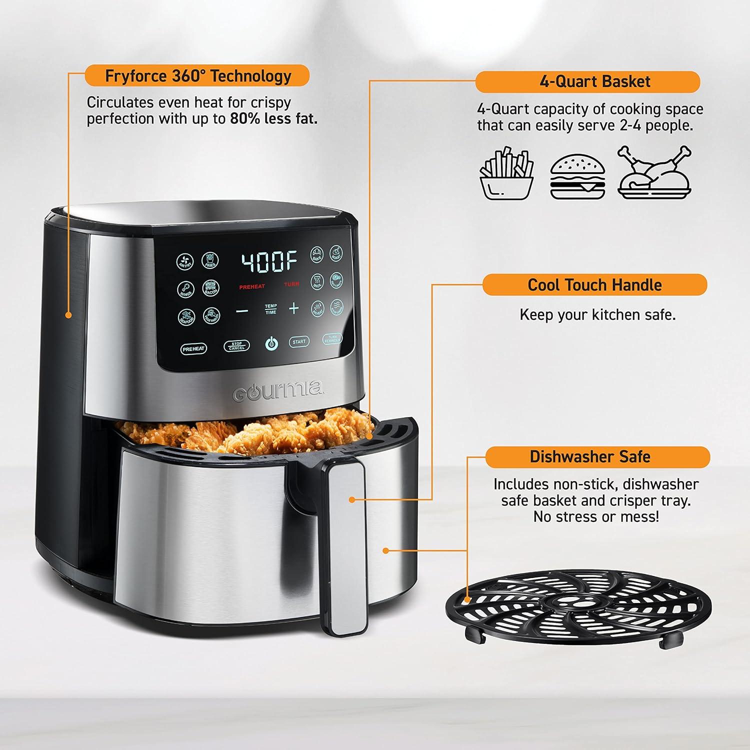 image:imageGourmia Air Fryer 7 Qt Large Capacity FryForce360 Digital Display with 10 Presets Roast Bake Broil Dehydrate Dishwasher Safe Accessories BlackStainless Steel