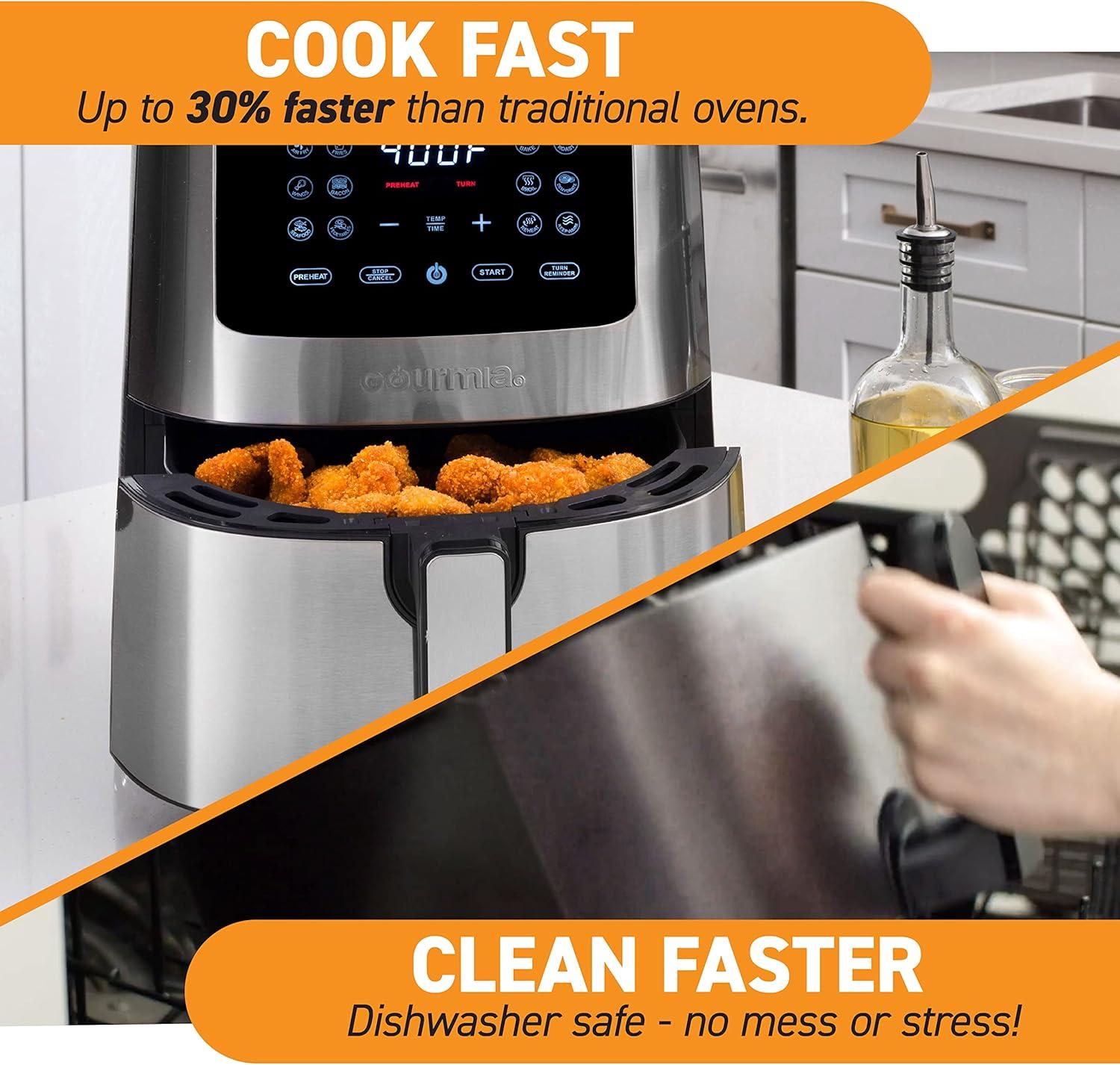 image:imageGourmia Air Fryer 7 Qt Large Capacity FryForce360 Digital Display with 10 Presets Roast Bake Broil Dehydrate Dishwasher Safe Accessories BlackStainless Steel