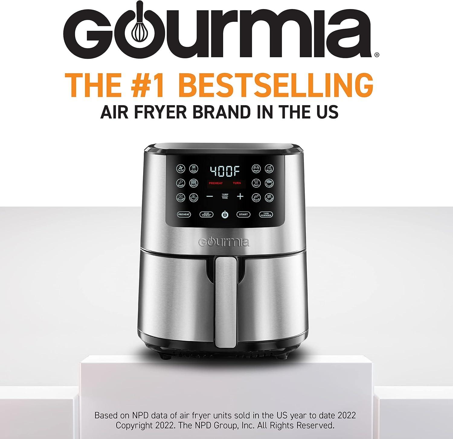 image:imageGourmia Air Fryer 7 Qt Large Capacity FryForce360 Digital Display with 10 Presets Roast Bake Broil Dehydrate Dishwasher Safe Accessories BlackStainless Steel