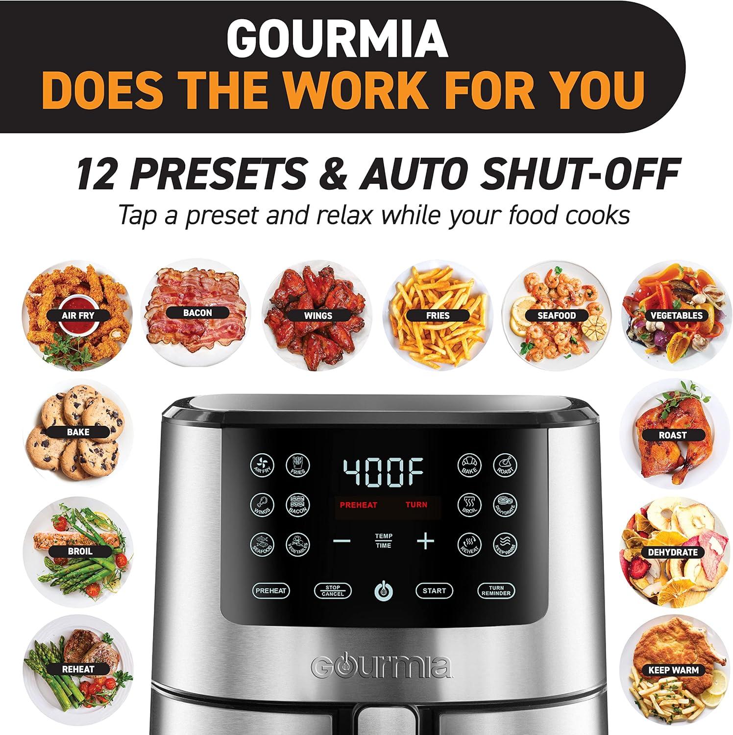 image:imageGourmia Air Fryer 7 Qt Large Capacity FryForce360 Digital Display with 10 Presets Roast Bake Broil Dehydrate Dishwasher Safe Accessories BlackStainless Steel