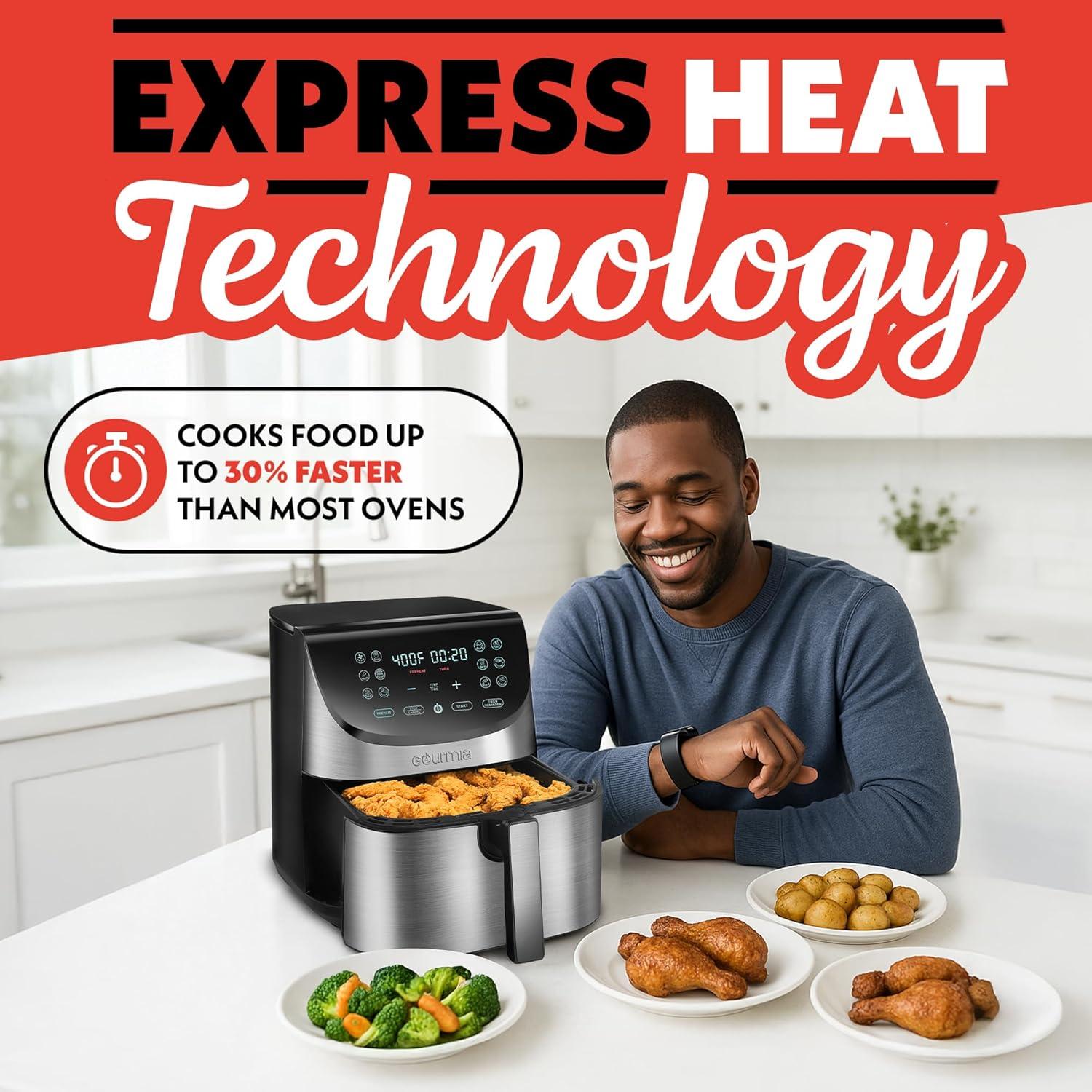 image:imageGourmia Air Fryer 8 Qt Extra Large Capacity FryForce360 Digital Display with 12 Presets Roast Bake Broil Dehydrate Dishwasher Safe Accessories Stainless Steel