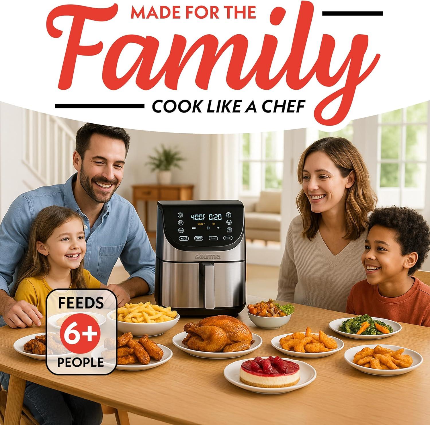 image:imageGourmia Air Fryer 8 Qt Extra Large Capacity FryForce360 Digital Display with 12 Presets Roast Bake Broil Dehydrate Dishwasher Safe Accessories Stainless Steel