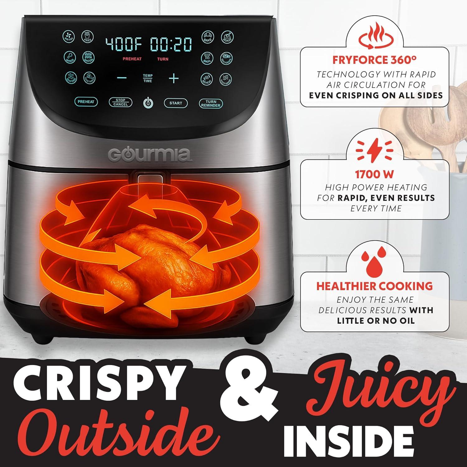 image:imageGourmia Air Fryer 8 Qt Extra Large Capacity FryForce360 Digital Display with 12 Presets Roast Bake Broil Dehydrate Dishwasher Safe Accessories Stainless Steel
