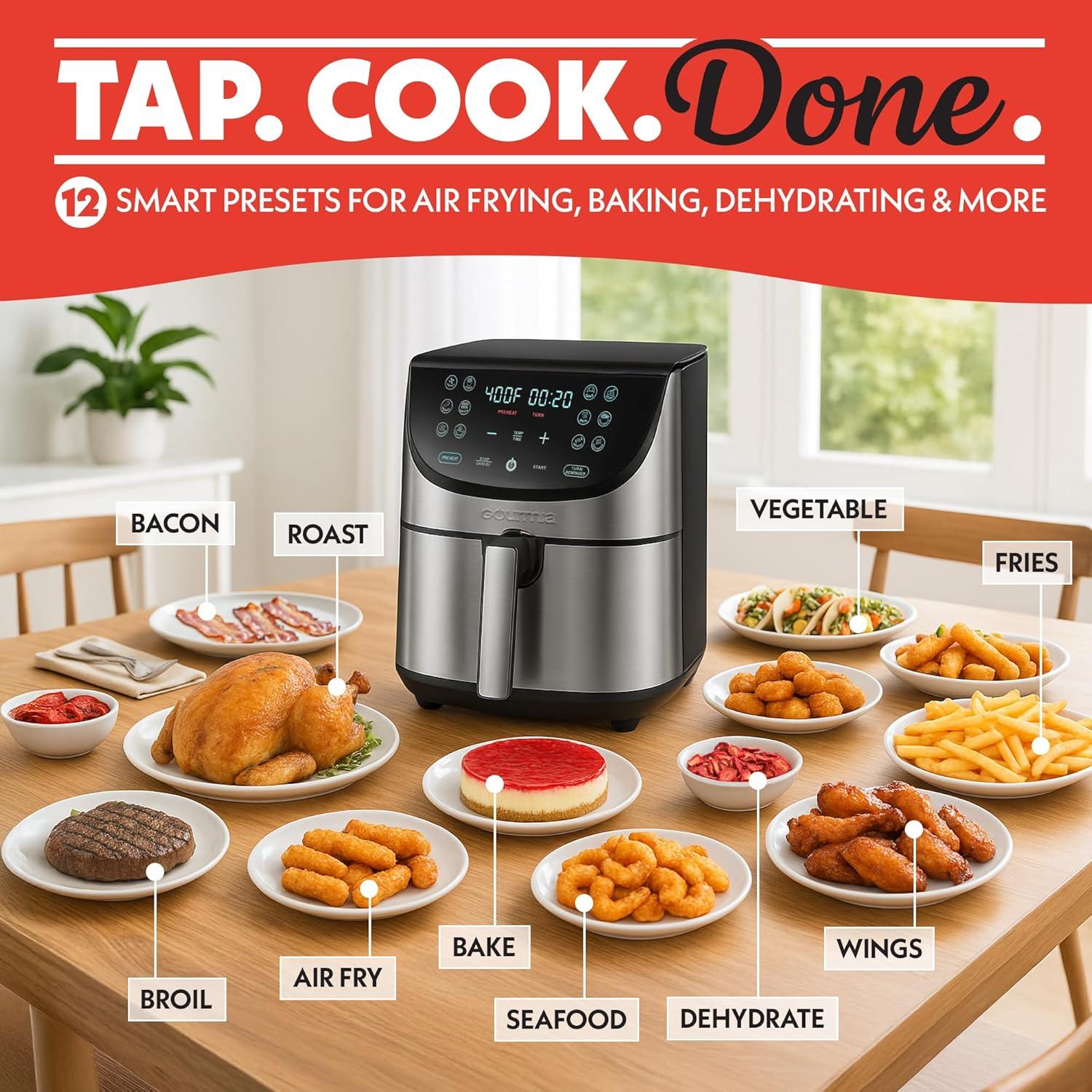 image:imageGourmia Air Fryer 8 Qt Extra Large Capacity FryForce360 Digital Display with 12 Presets Roast Bake Broil Dehydrate Dishwasher Safe Accessories Stainless Steel