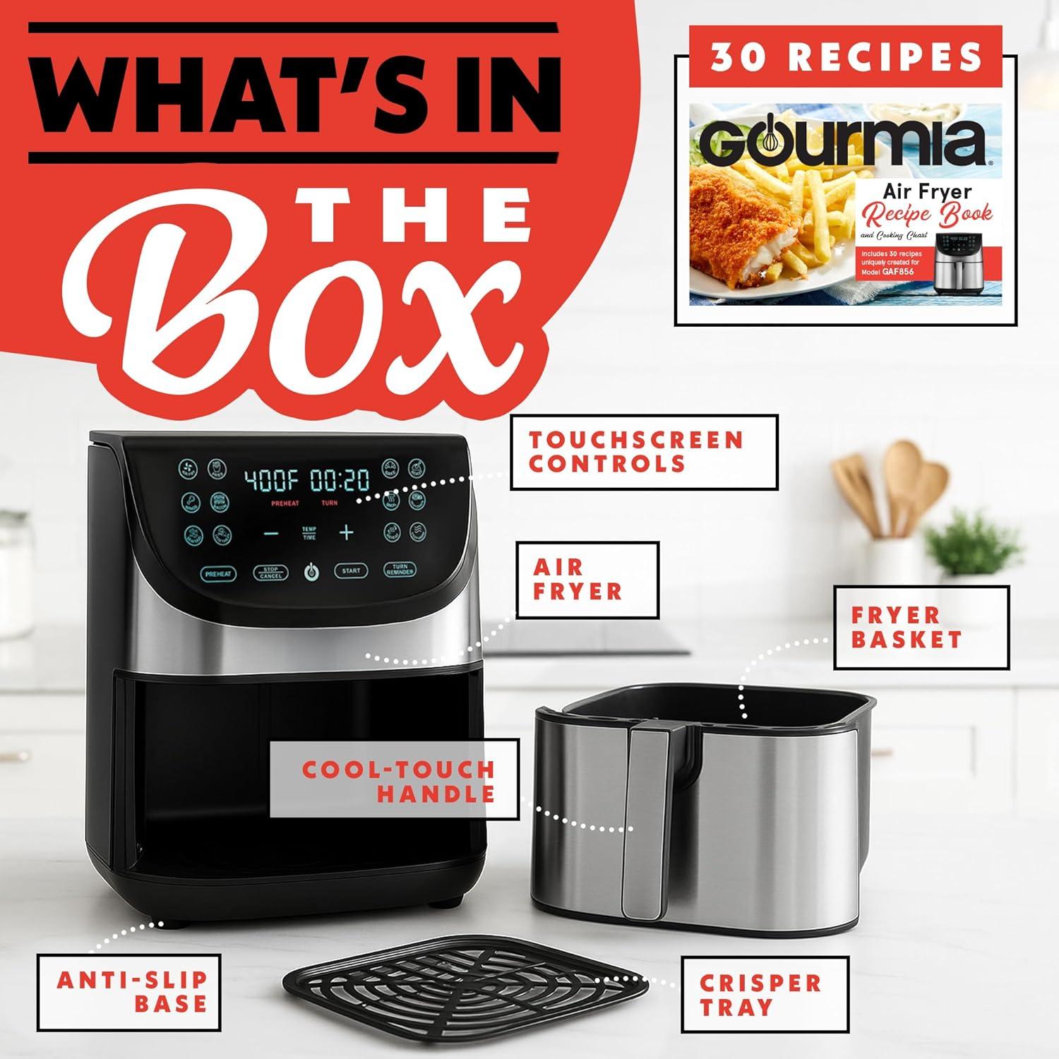 image:imageGourmia Air Fryer 8 Qt Extra Large Capacity FryForce360 Digital Display with 12 Presets Roast Bake Broil Dehydrate Dishwasher Safe Accessories Stainless Steel