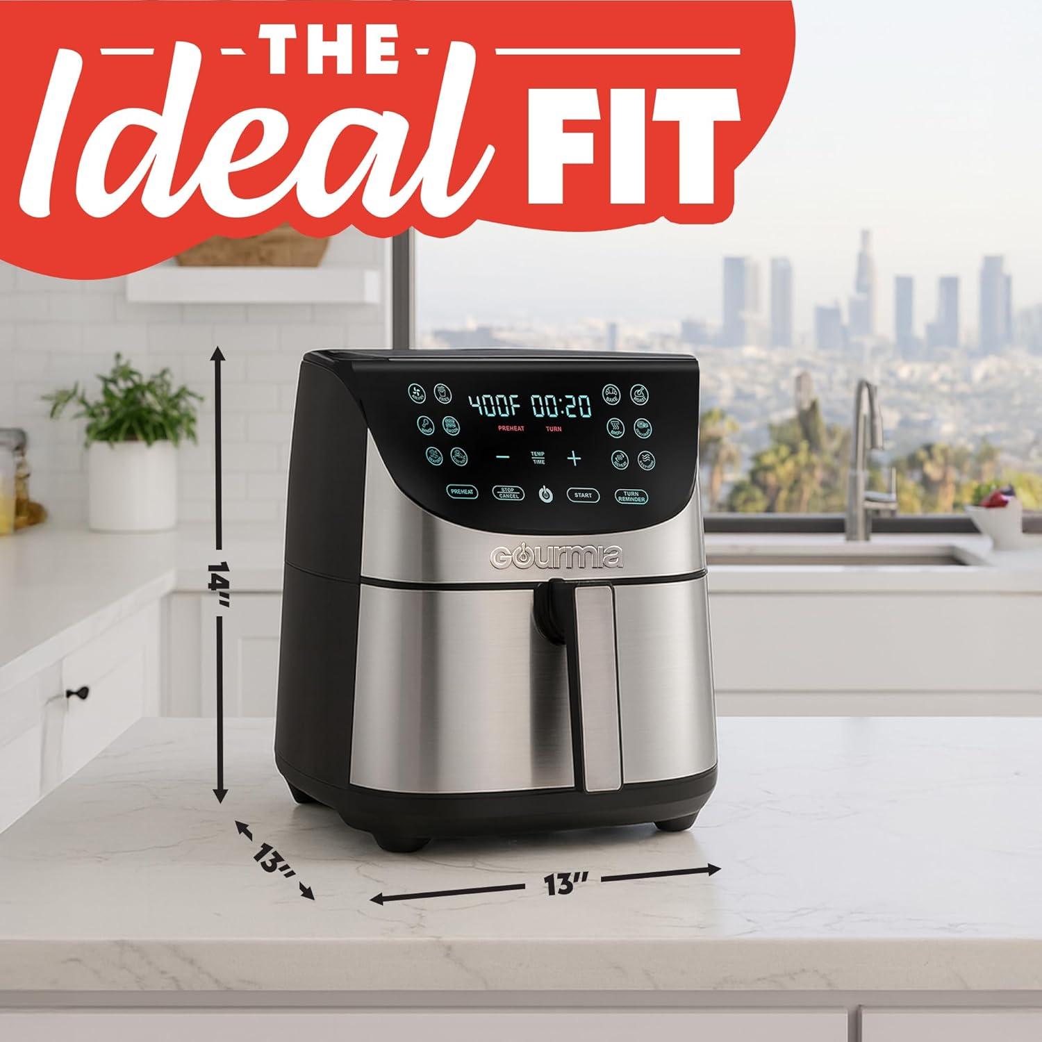 image:imageGourmia Air Fryer 8 Qt Extra Large Capacity FryForce360 Digital Display with 12 Presets Roast Bake Broil Dehydrate Dishwasher Safe Accessories Stainless Steel