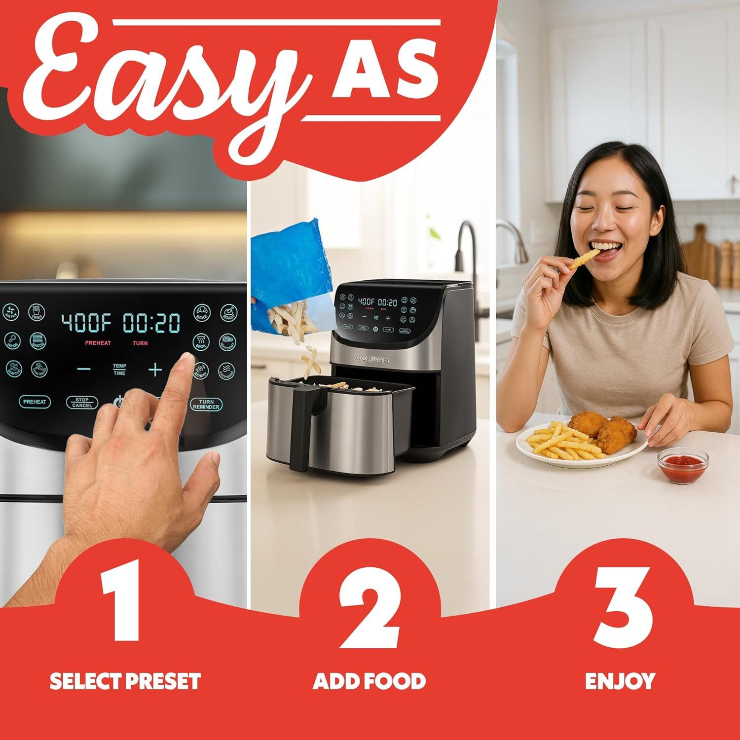 image:imageGourmia Air Fryer 8 Qt Extra Large Capacity FryForce360 Digital Display with 12 Presets Roast Bake Broil Dehydrate Dishwasher Safe Accessories Stainless Steel