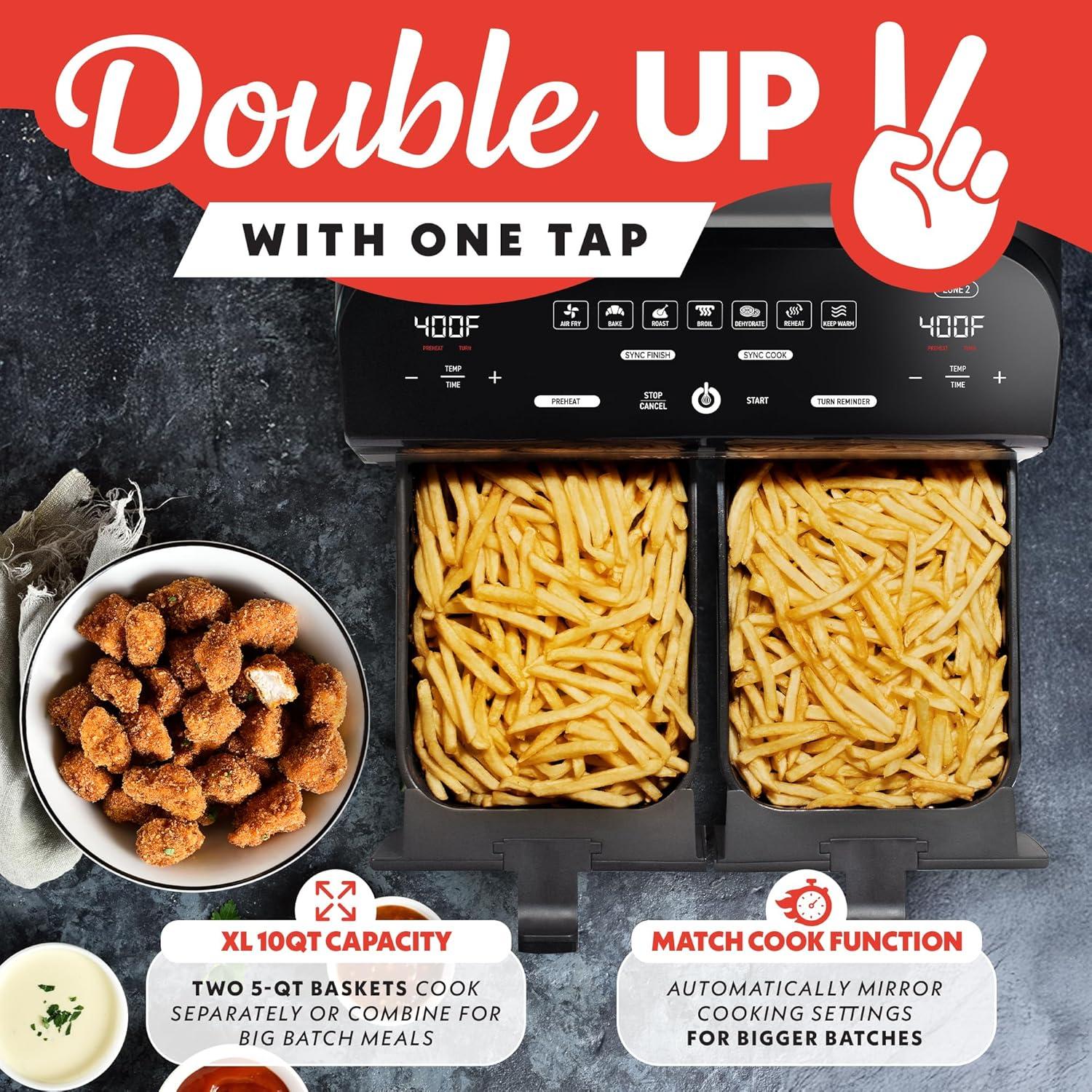 image:imageGourmia Dual Basket Air Fryer 10 Qt Large Capacity FryForce360 Digital Display with 7 Presets Roast Bake Broil Dehydrate Match Cook Sync Finish Dishwasher Safe Accessories Black