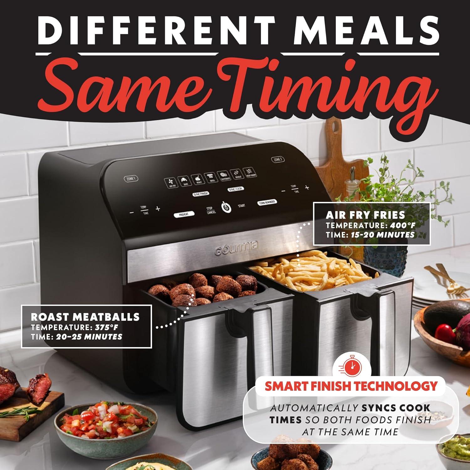 image:imageGourmia Dual Basket Air Fryer 10 Qt Large Capacity FryForce360 Digital Display with 7 Presets Roast Bake Broil Dehydrate Match Cook Sync Finish Dishwasher Safe Accessories Black