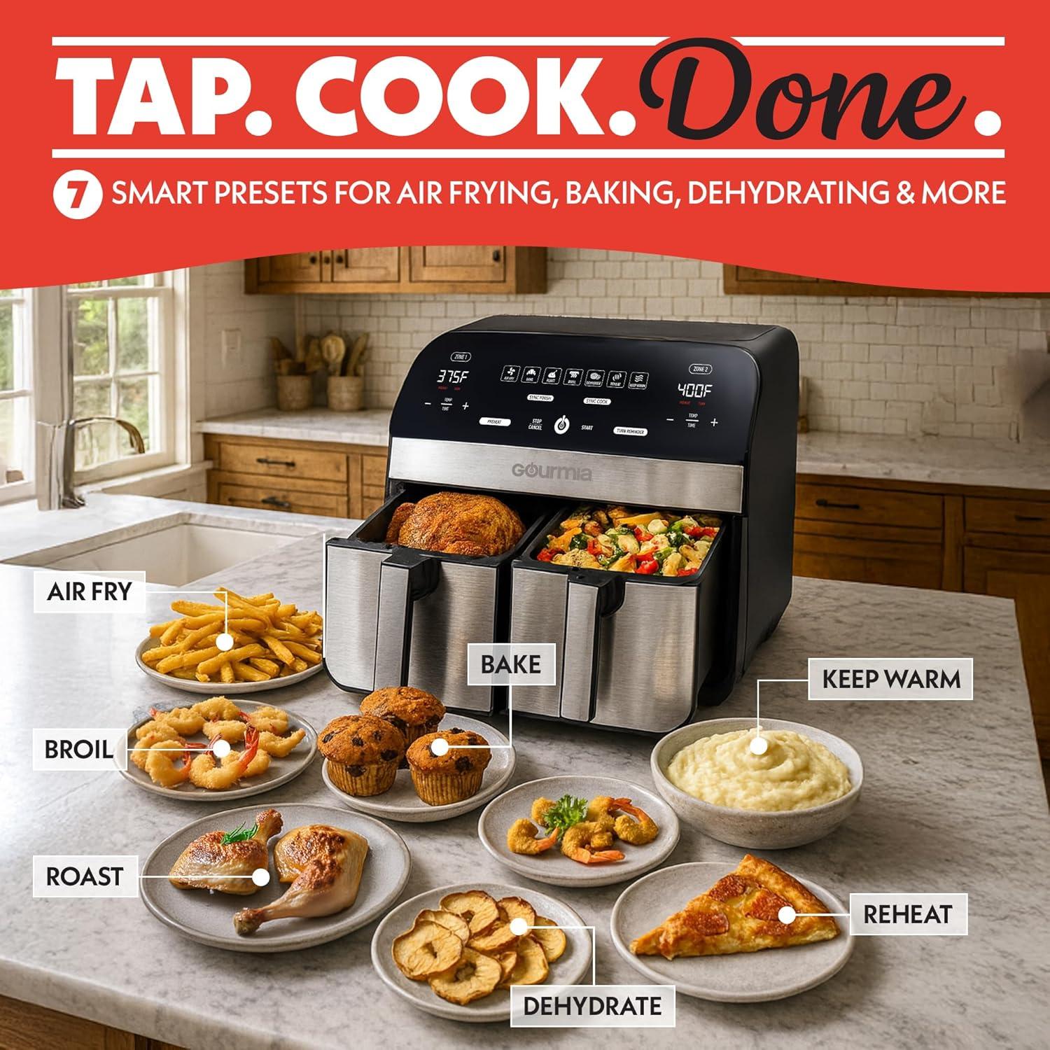 image:imageGourmia Dual Basket Air Fryer 10 Qt Large Capacity FryForce360 Digital Display with 7 Presets Roast Bake Broil Dehydrate Match Cook Sync Finish Dishwasher Safe Accessories Black
