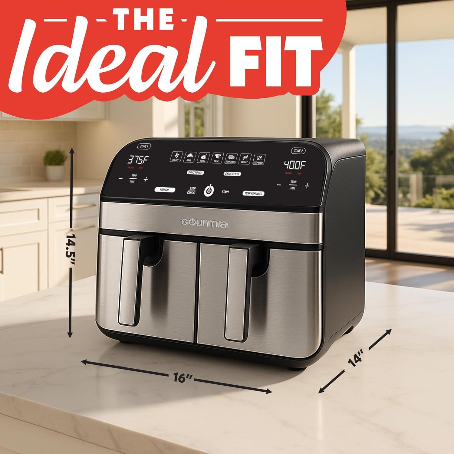 image:imageGourmia Dual Basket Air Fryer 10 Qt Large Capacity FryForce360 Digital Display with 7 Presets Roast Bake Broil Dehydrate Match Cook Sync Finish Dishwasher Safe Accessories Black