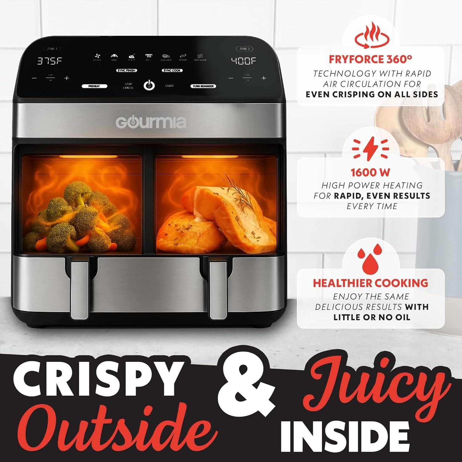 image:imageGourmia Dual Basket Air Fryer 10 Qt Large Capacity FryForce360 Digital Display with 7 Presets Roast Bake Broil Dehydrate Match Cook Sync Finish Dishwasher Safe Accessories Black