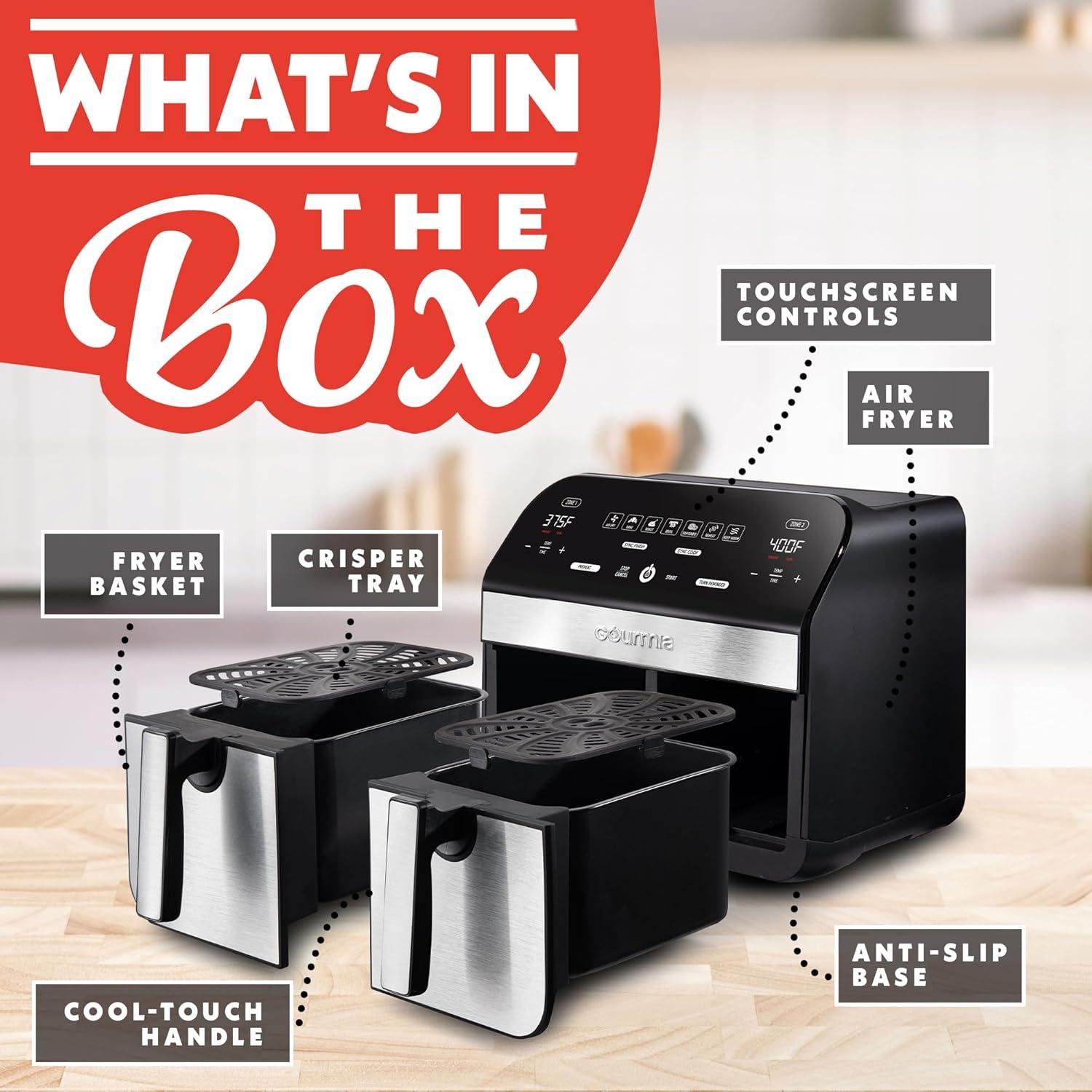 image:imageGourmia Dual Basket Air Fryer 10 Qt Large Capacity FryForce360 Digital Display with 7 Presets Roast Bake Broil Dehydrate Match Cook Sync Finish Dishwasher Safe Accessories Black