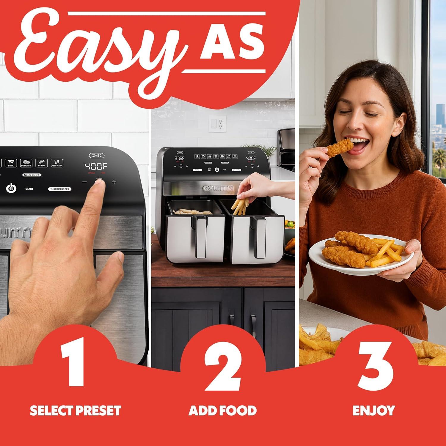 image:imageGourmia Dual Basket Air Fryer 10 Qt Large Capacity FryForce360 Digital Display with 7 Presets Roast Bake Broil Dehydrate Match Cook Sync Finish Dishwasher Safe Accessories Black
