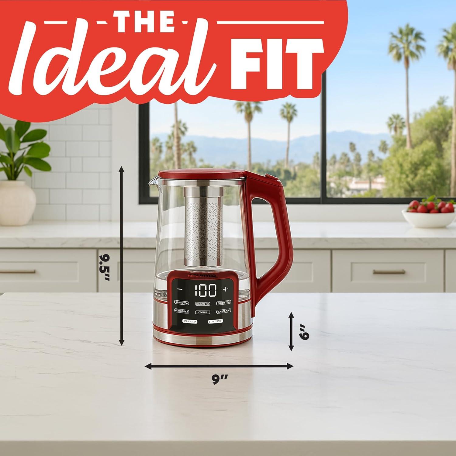 image:imageGourmia Electric Programmable Glass Kettle 17L Temperature Control Tea amp Coffee Kettle with Digital Touch Display 6 Presets Keep Warm Removable Stainless Steel Infuser 360 Swivel Base BlackRed