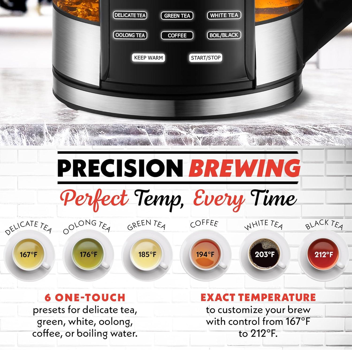 image:imageGourmia Electric Programmable Glass Kettle 17L Temperature Control Tea amp Coffee Kettle with Digital Touch Display 6 Presets Keep Warm Removable Stainless Steel Infuser 360 Swivel Base BlackGreen