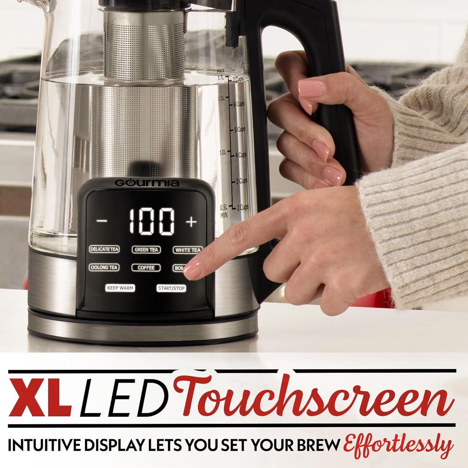 image:imageGourmia Electric Programmable Glass Kettle 17L Temperature Control Tea amp Coffee Kettle with Digital Touch Display 6 Presets Keep Warm Removable Stainless Steel Infuser 360 Swivel Base BlackPeach