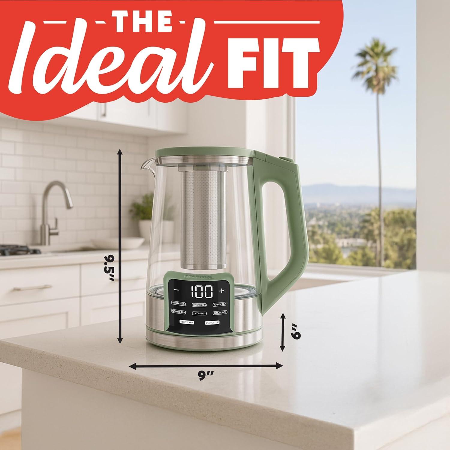 image:imageGourmia Electric Programmable Glass Kettle 17L Temperature Control Tea amp Coffee Kettle with Digital Touch Display 6 Presets Keep Warm Removable Stainless Steel Infuser 360 Swivel Base BlackGreen